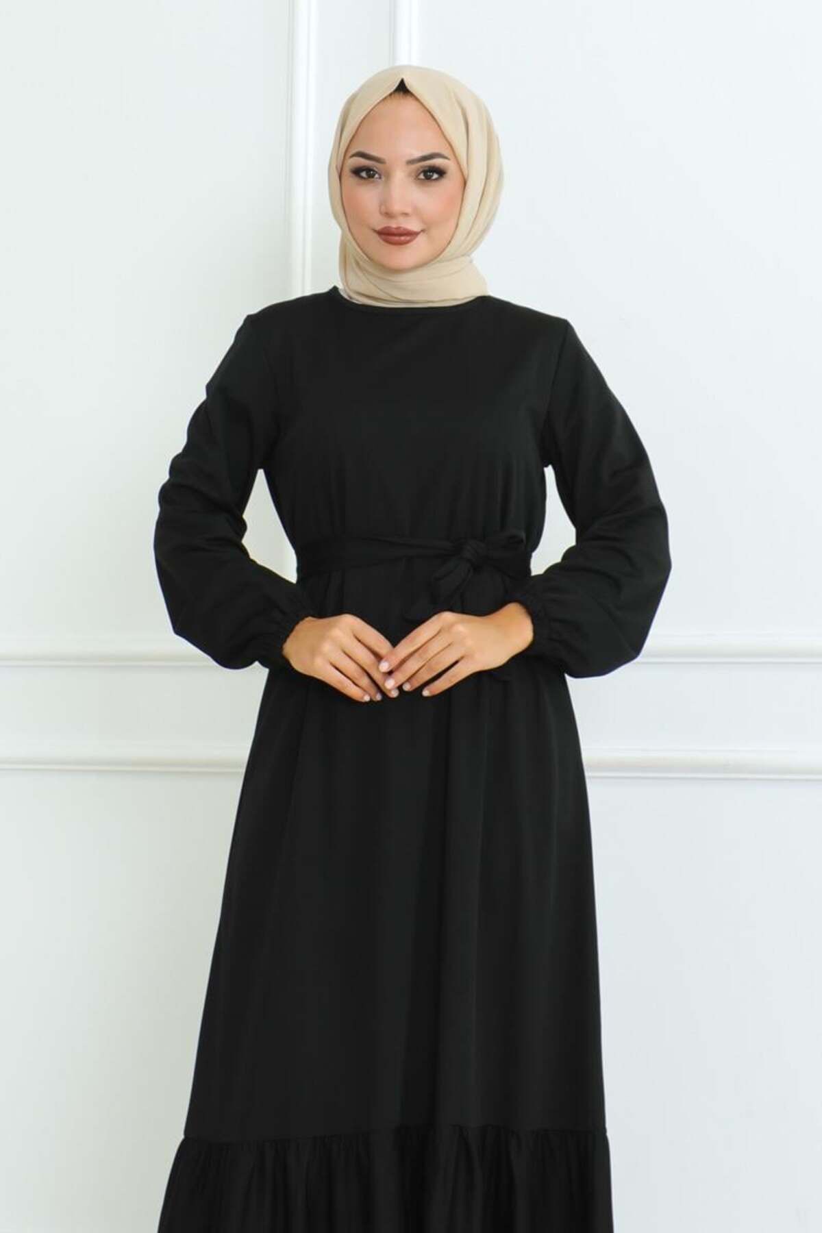 Eteği Fırfırlı Bürümcük Elbise SİYAH