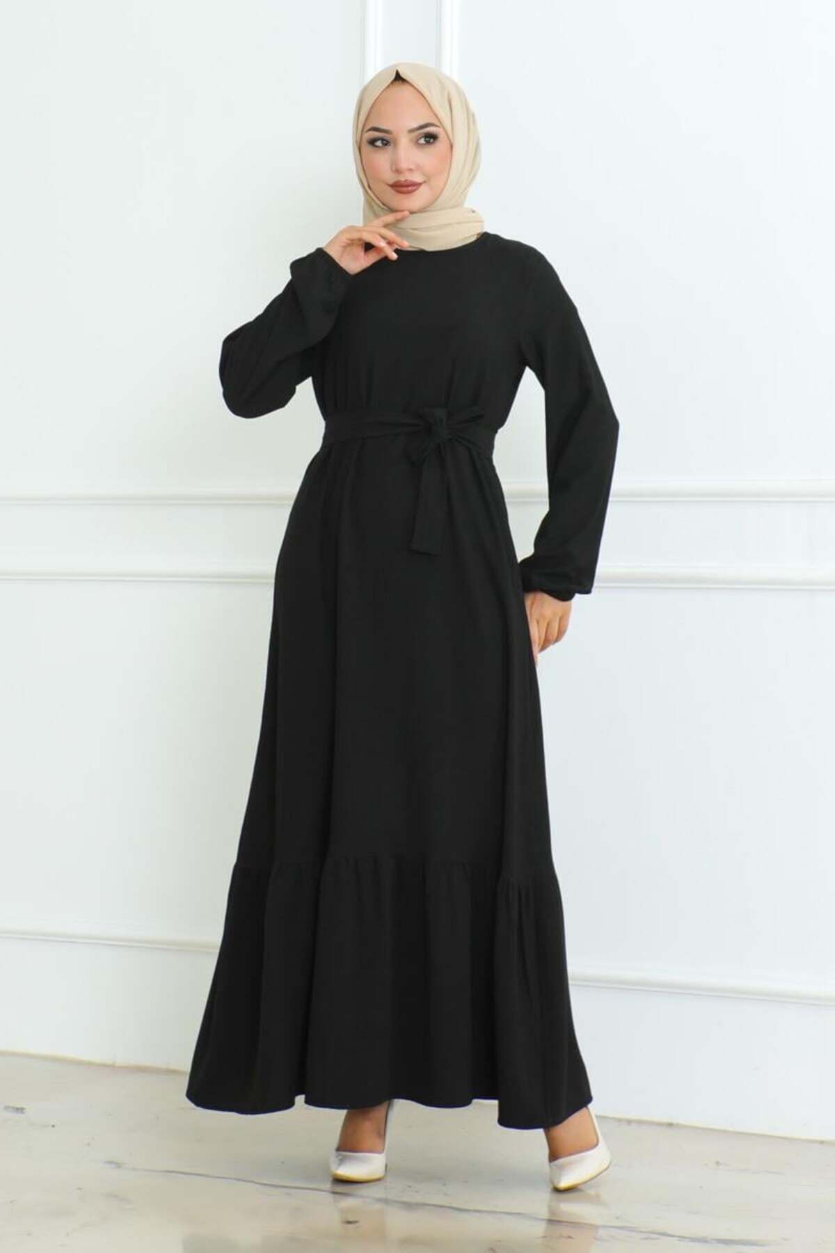 Eteği Fırfırlı Bürümcük Elbise SİYAH