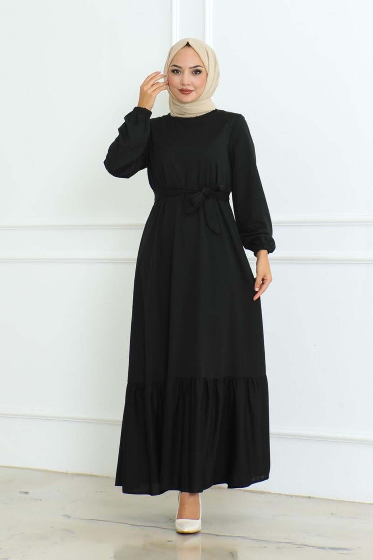 Eteği Fırfırlı Bürümcük Elbise SİYAH