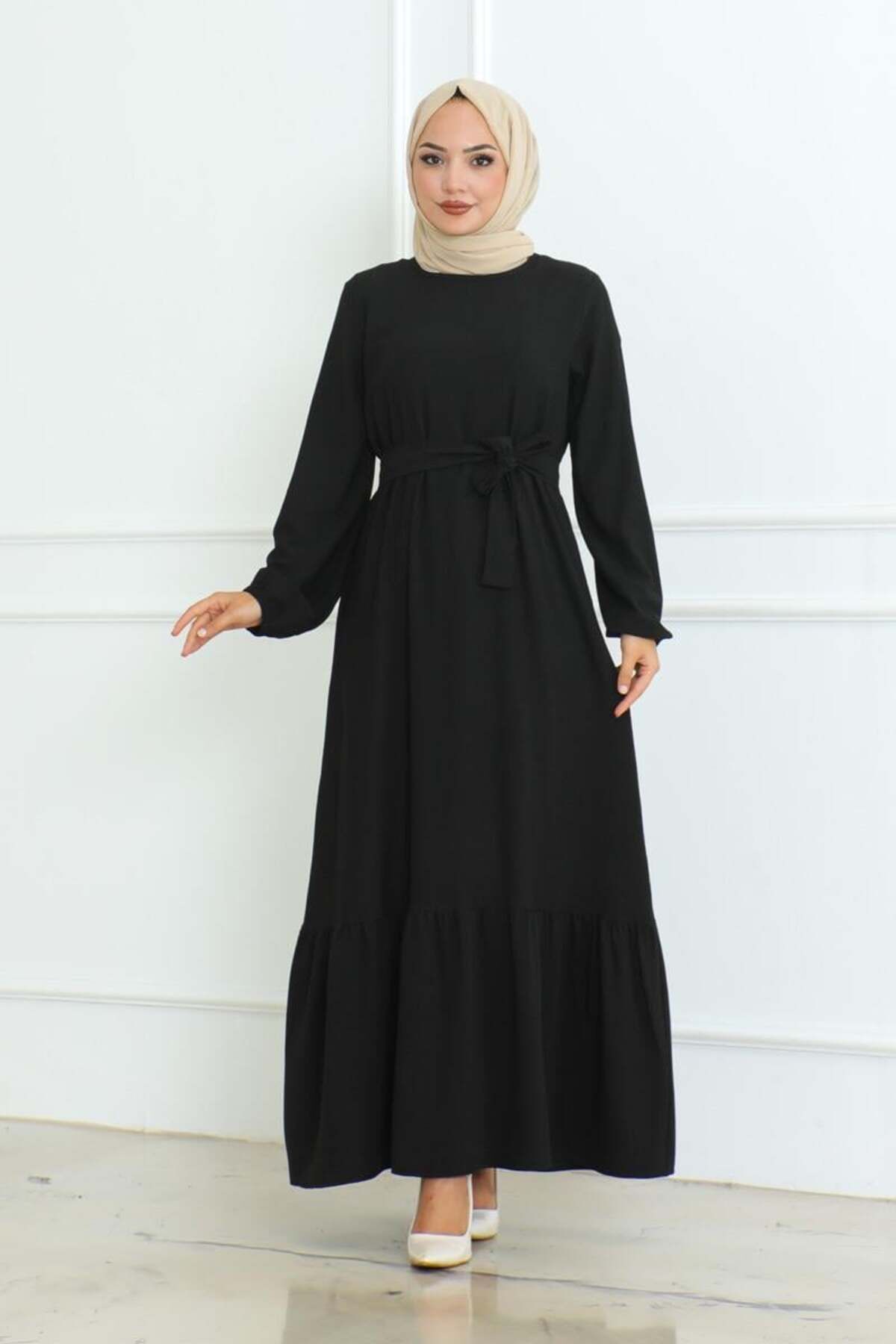 Eteği Fırfırlı Bürümcük Elbise SİYAH