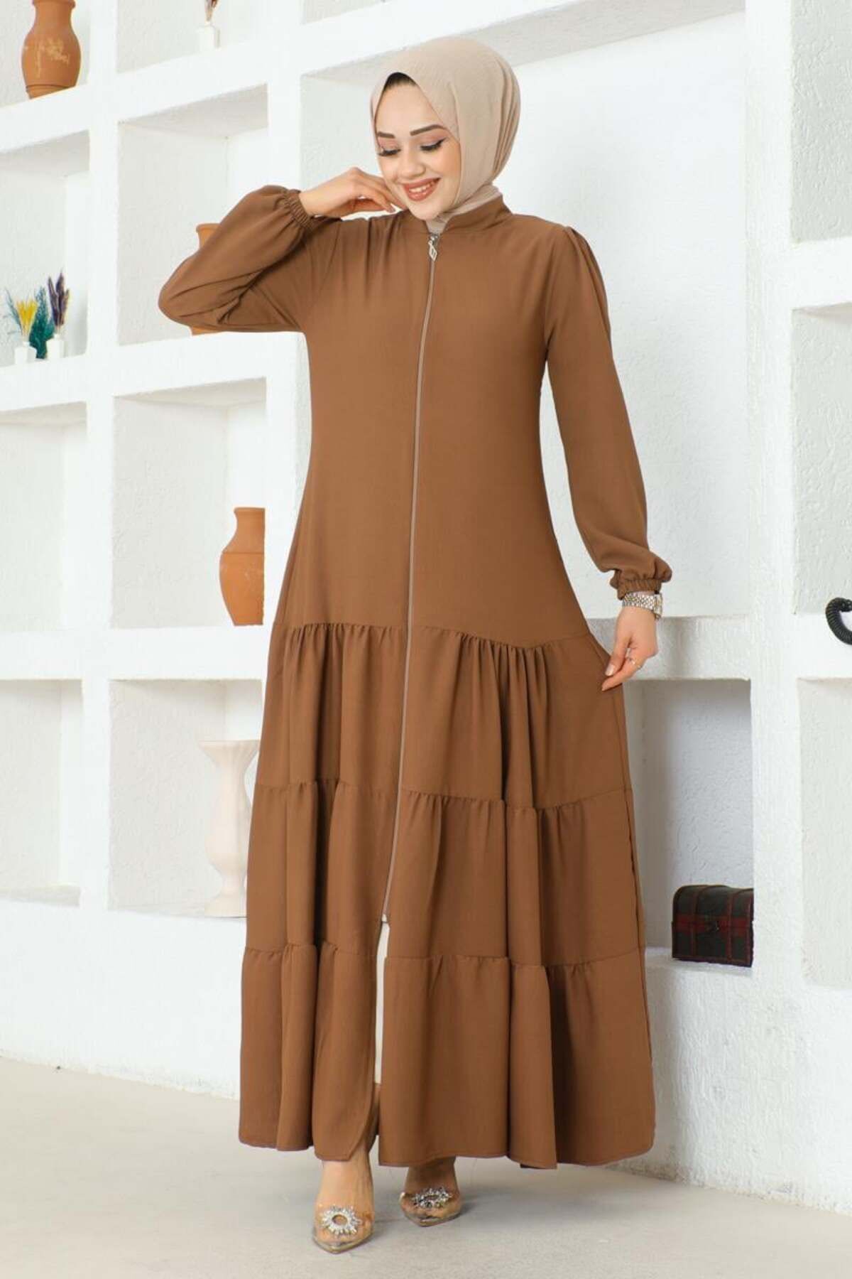 Eteği Katlı Jessica Krep Ferace KAHVERENGİ