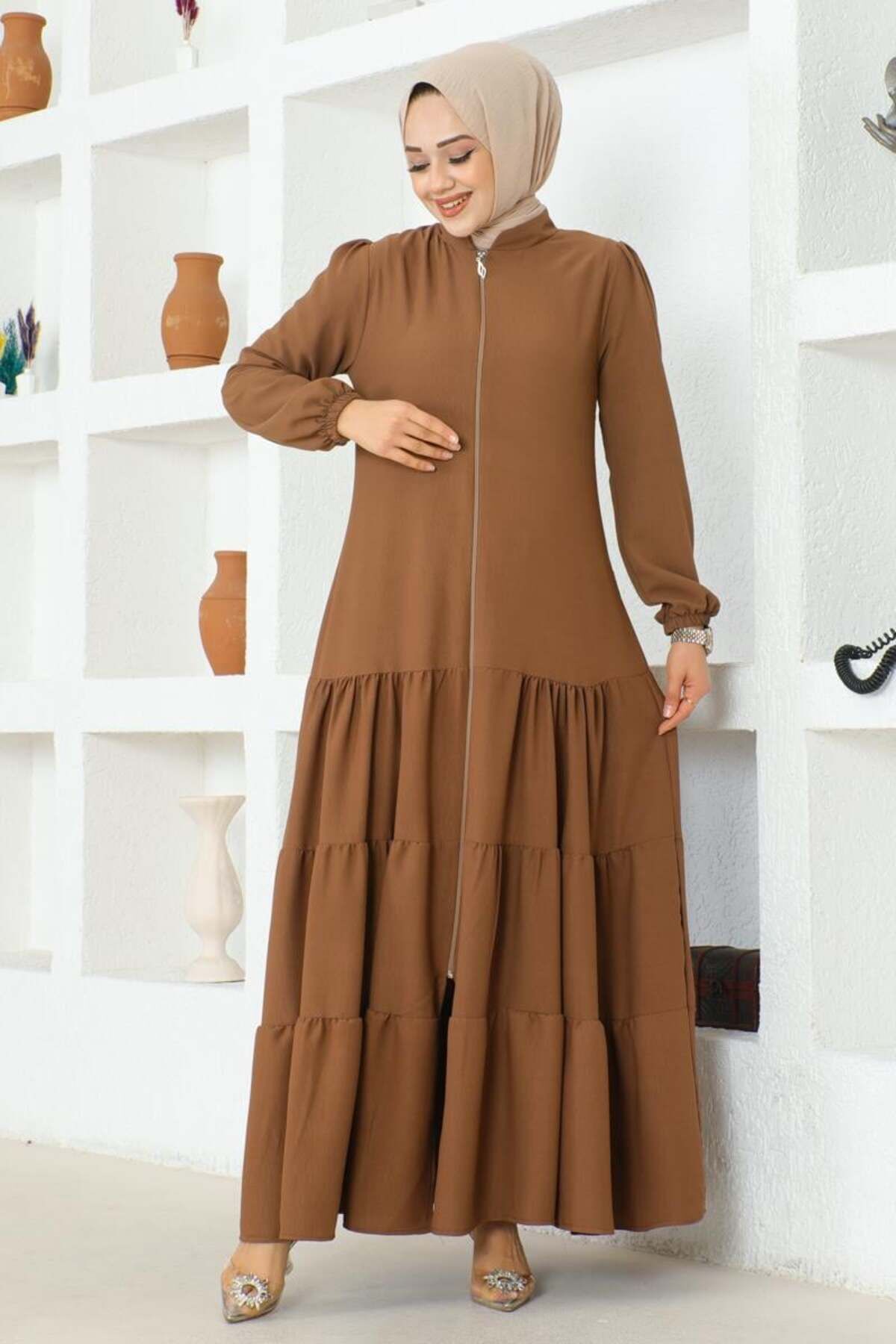 Eteği Katlı Jessica Krep Ferace KAHVERENGİ