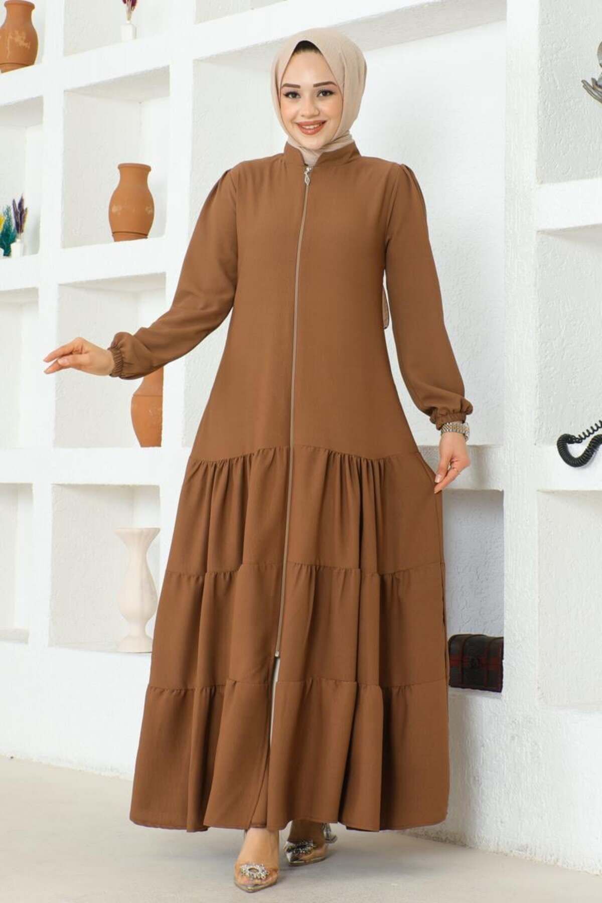 Eteği Katlı Jessica Krep Ferace KAHVERENGİ