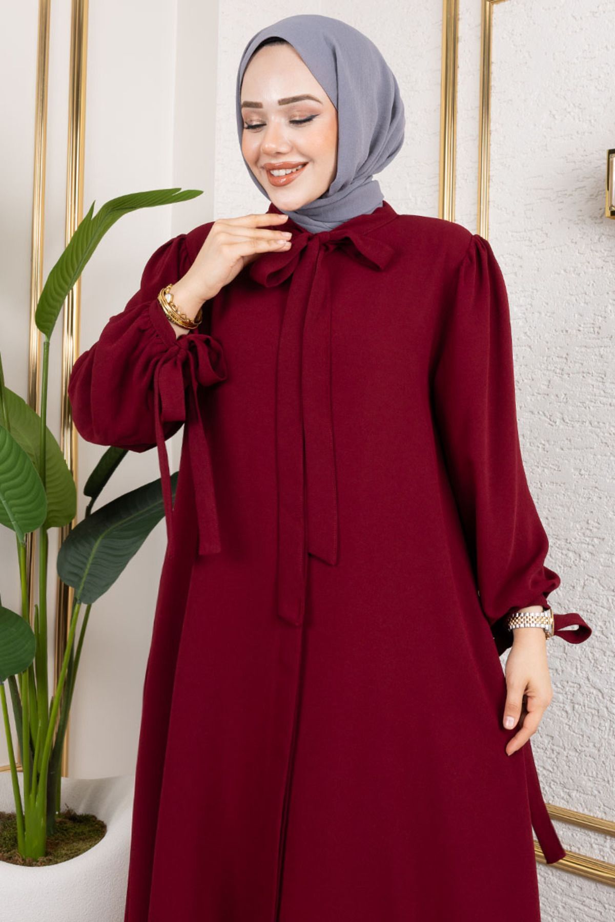 Manşeti Bağcıklı Elbise Ferace BORDO