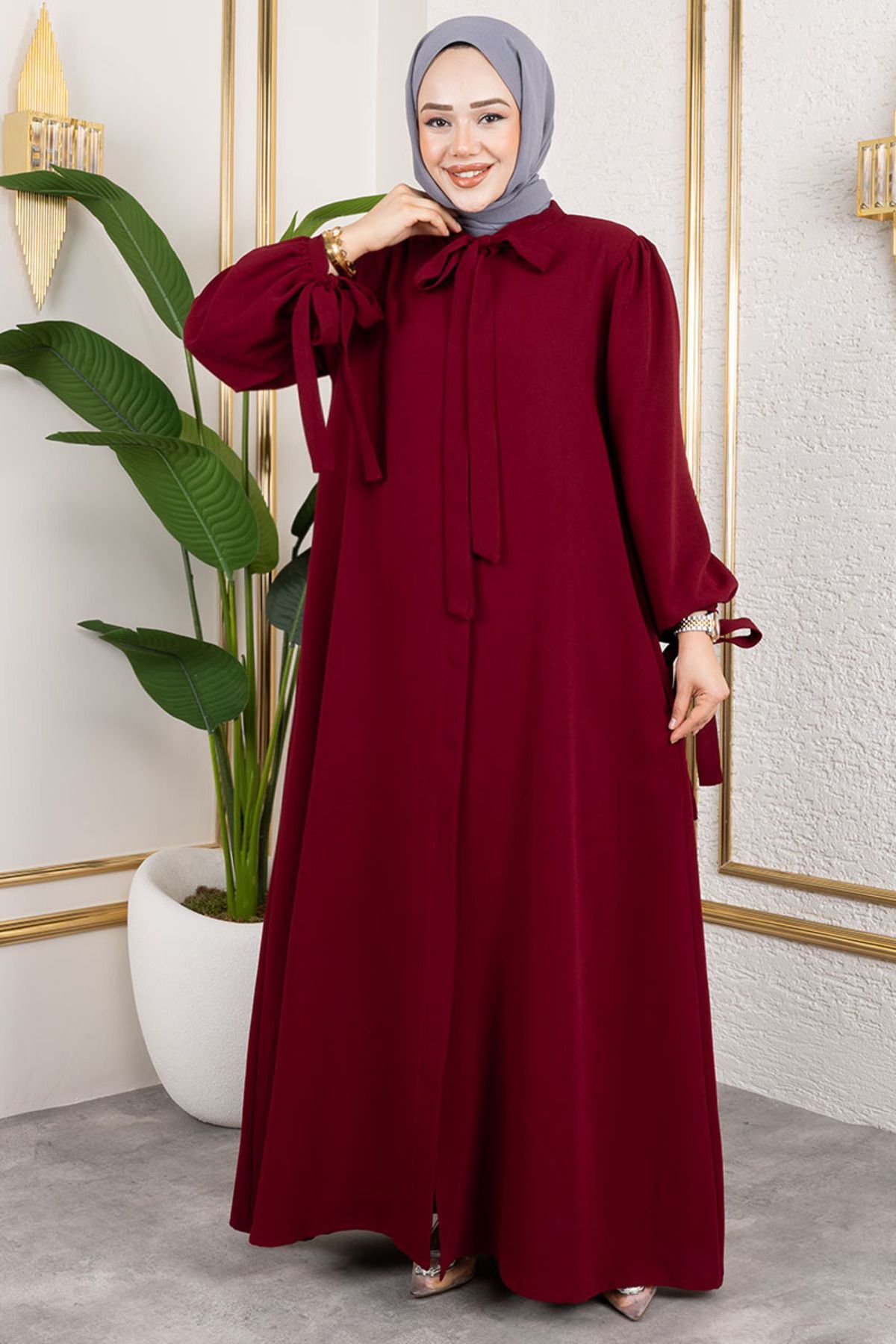 Manşeti Bağcıklı Elbise Ferace BORDO
