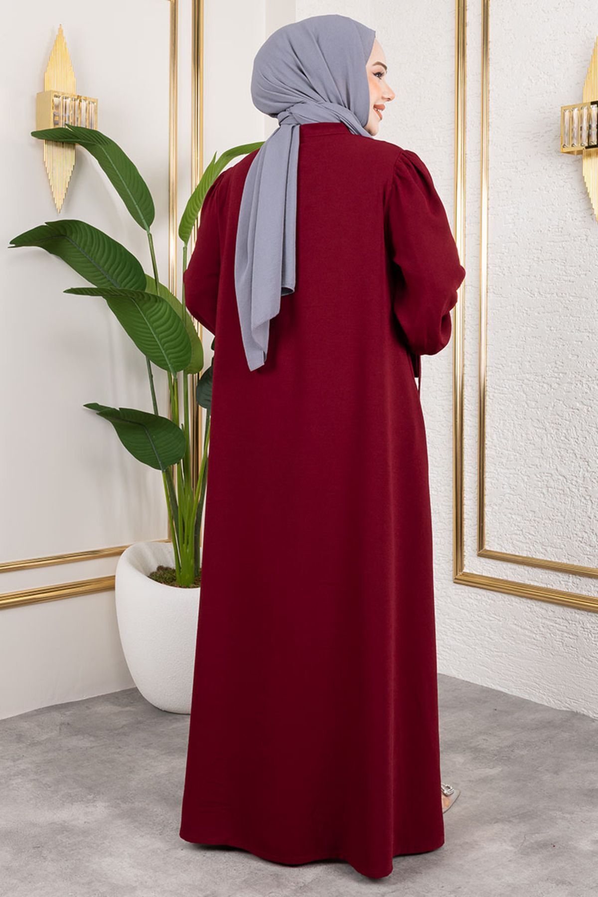 Manşeti Bağcıklı Elbise Ferace BORDO