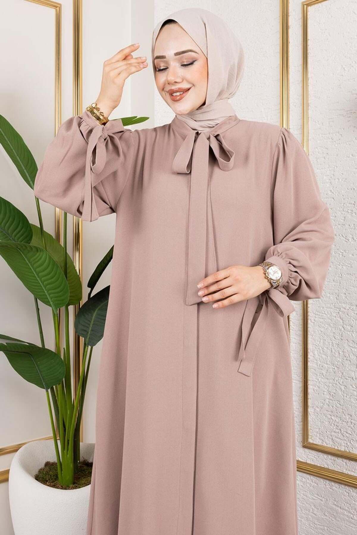 Manşeti Bağcıklı Elbise Ferace VİZON