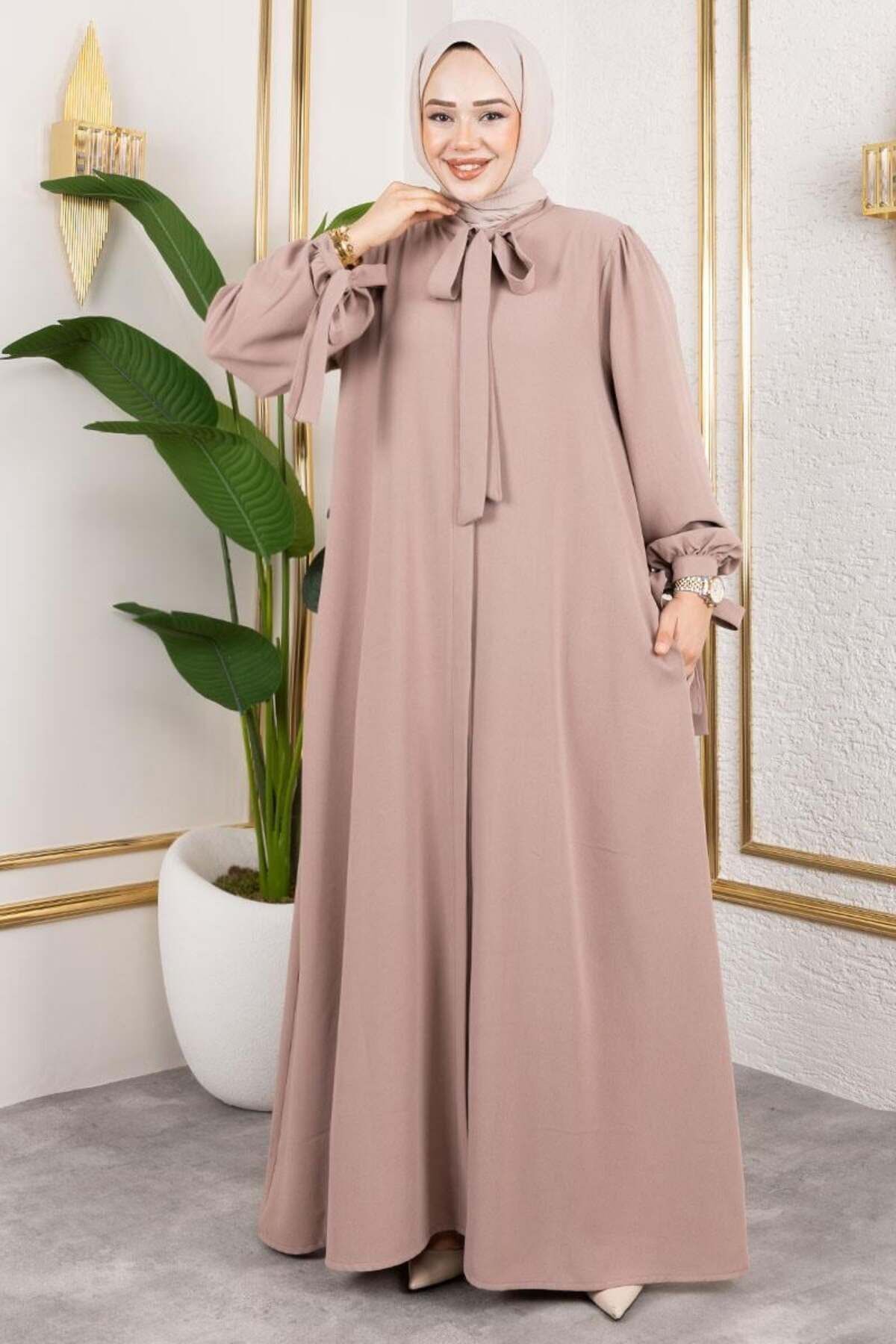 Manşeti Bağcıklı Elbise Ferace VİZON