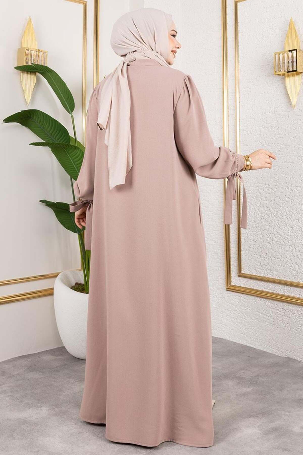 Manşeti Bağcıklı Elbise Ferace VİZON