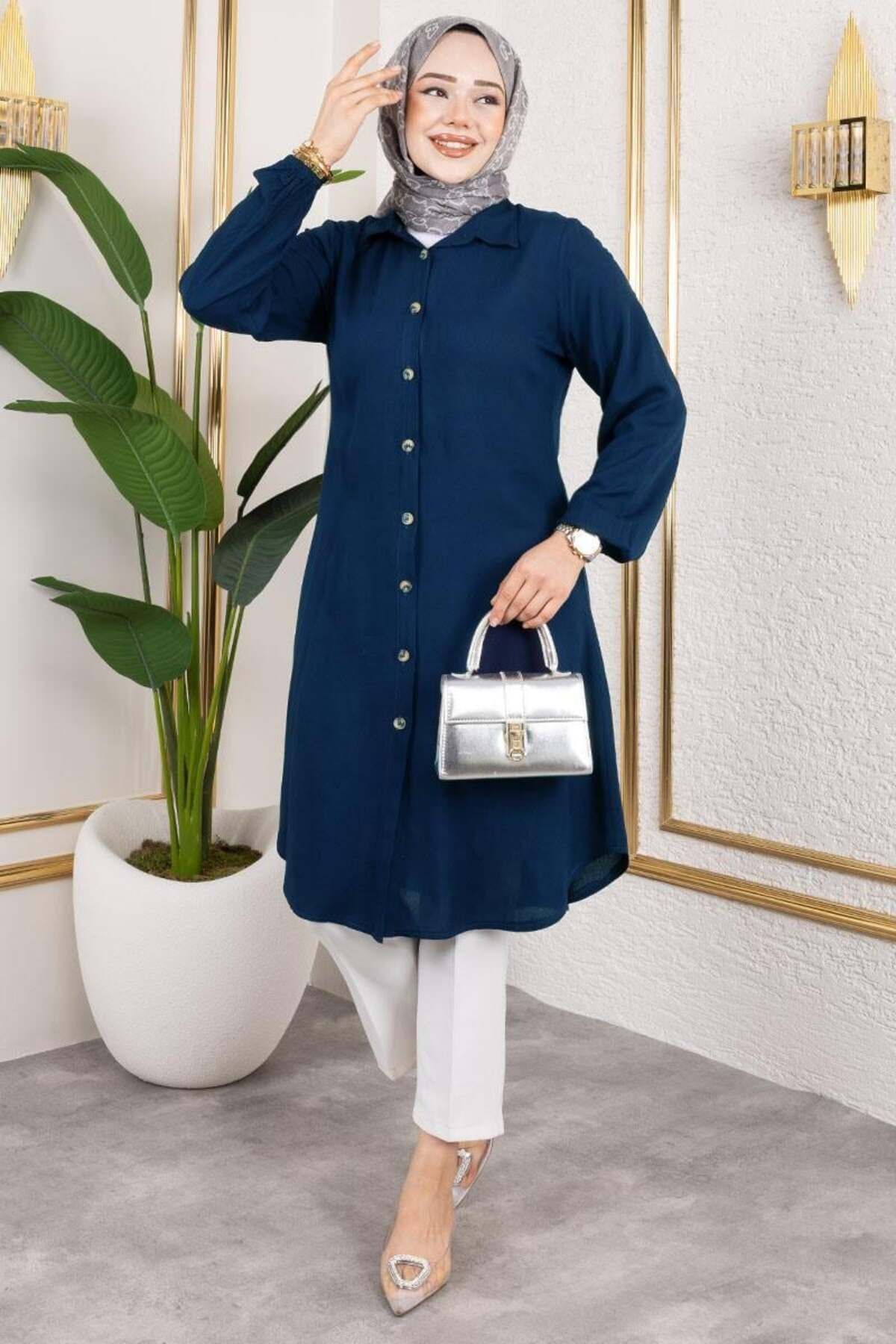 Manşeti Lastikli Viskon Tunik LACİVERT