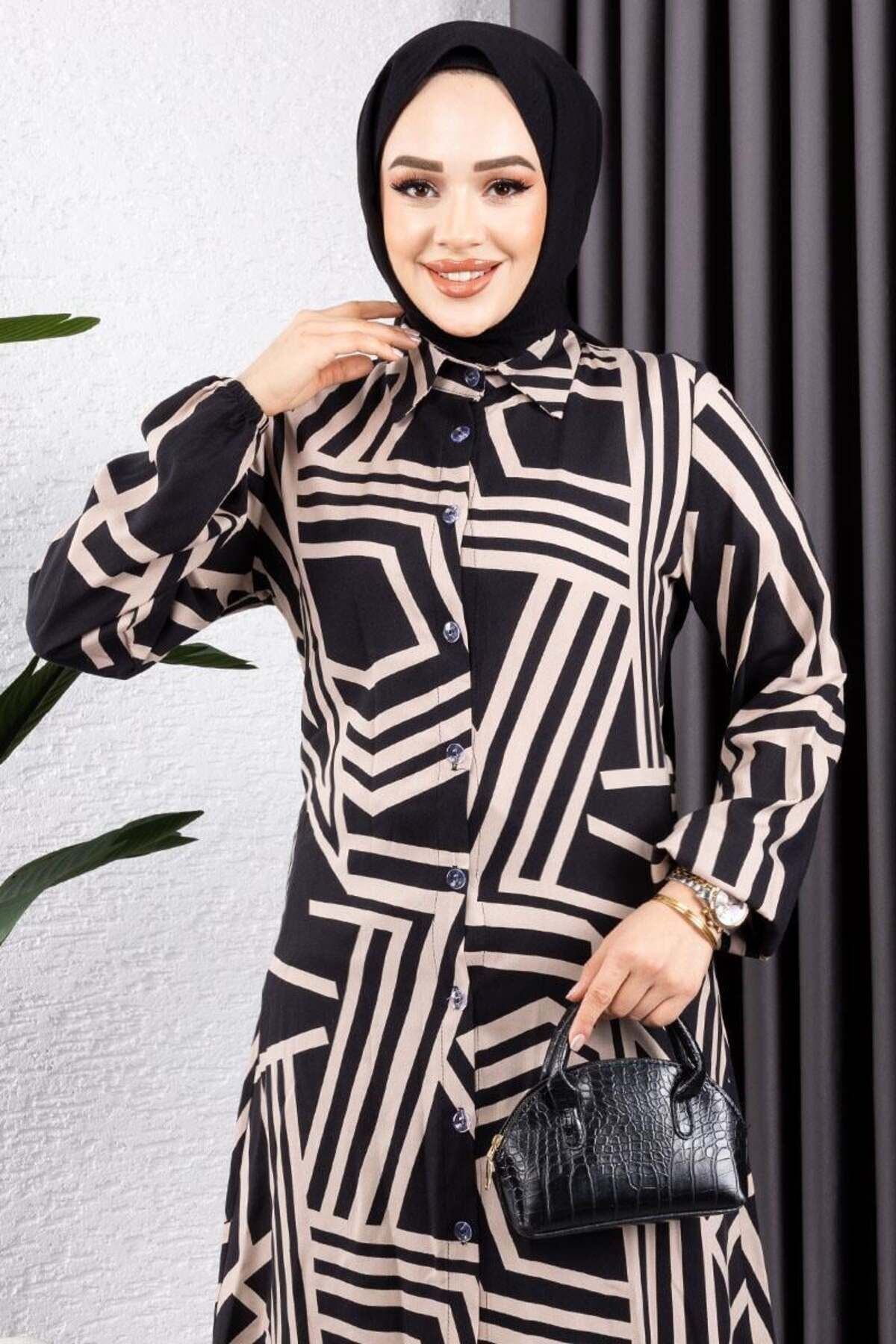 Geometrik Desen Viskon Tunik SİYAH VİZON