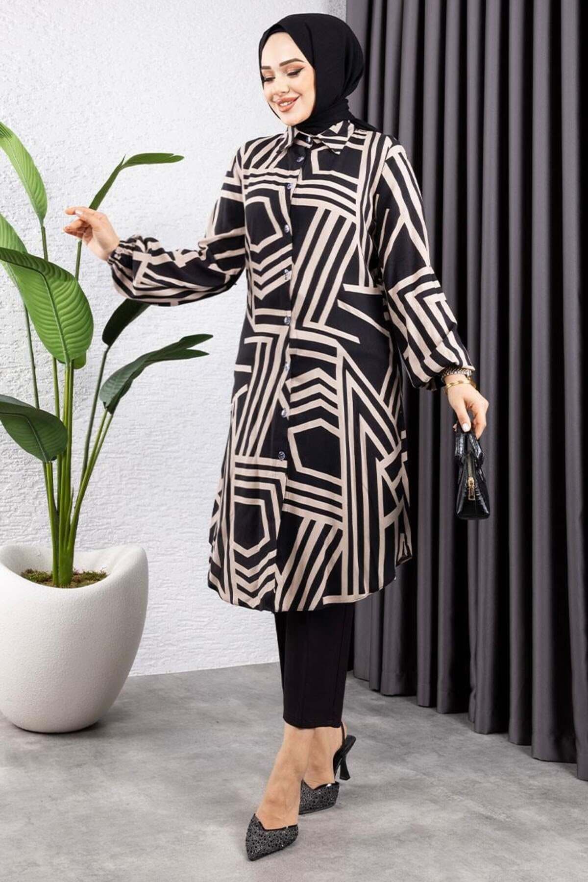Geometrik Desen Viskon Tunik SİYAH VİZON
