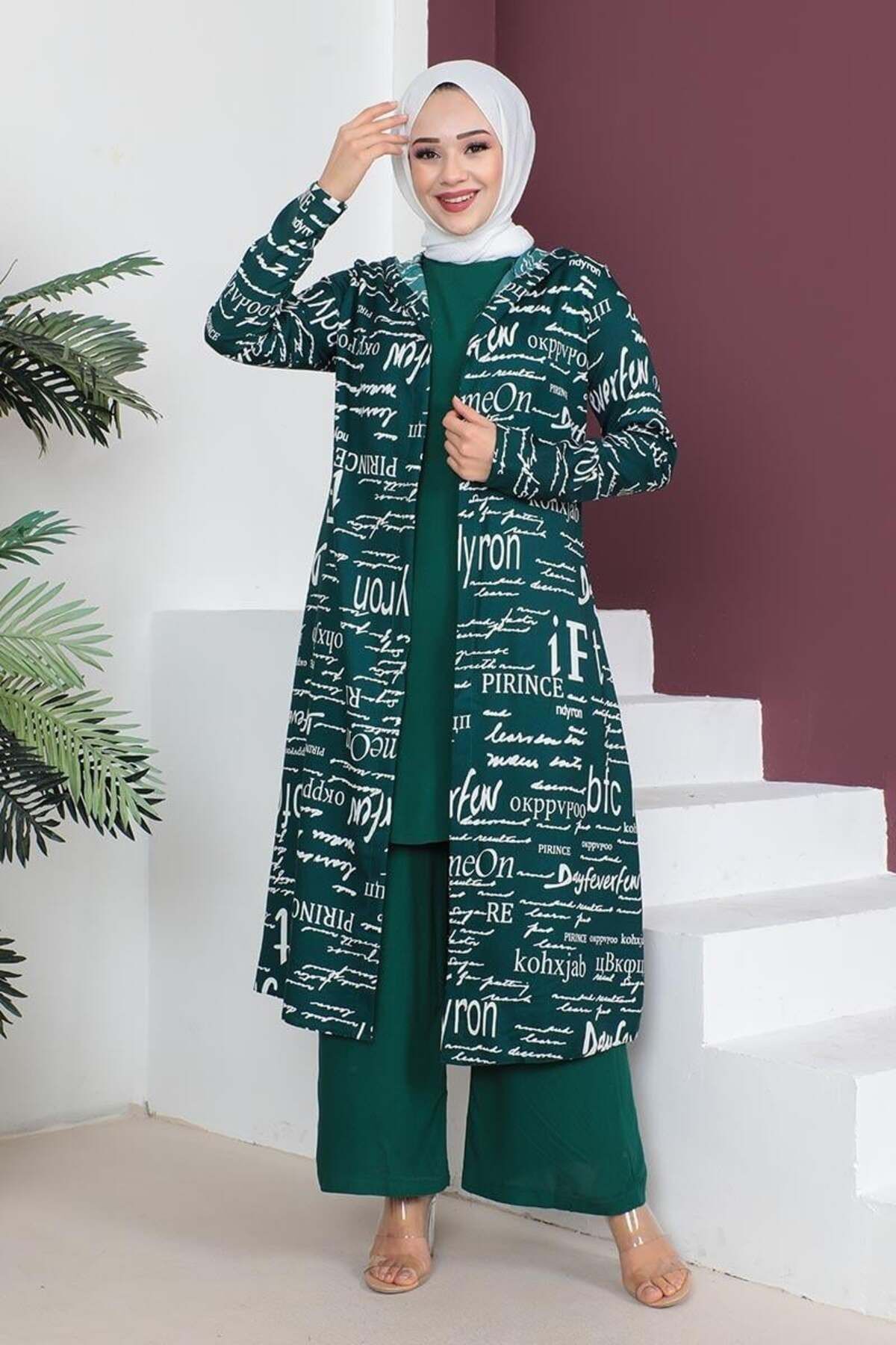 Yazılı 3 Lü Tesettür Takım ZÜMRÜT YEŞİLİ