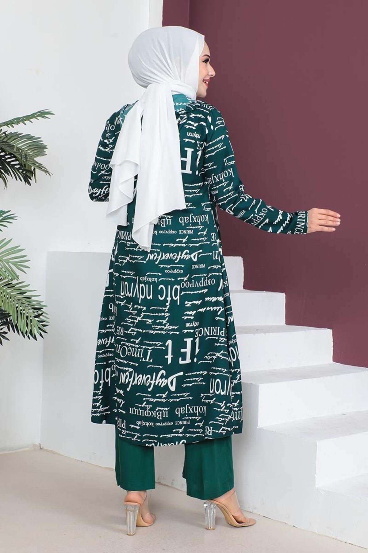 Yazılı 3 Lü Tesettür Takım Zümrüt
