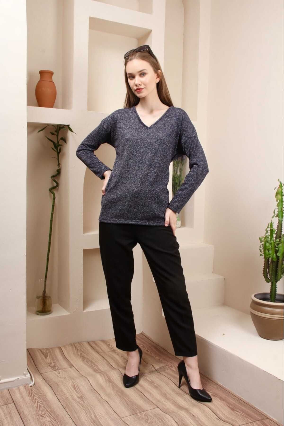 Simli v yaka pamuklu şık bulüz