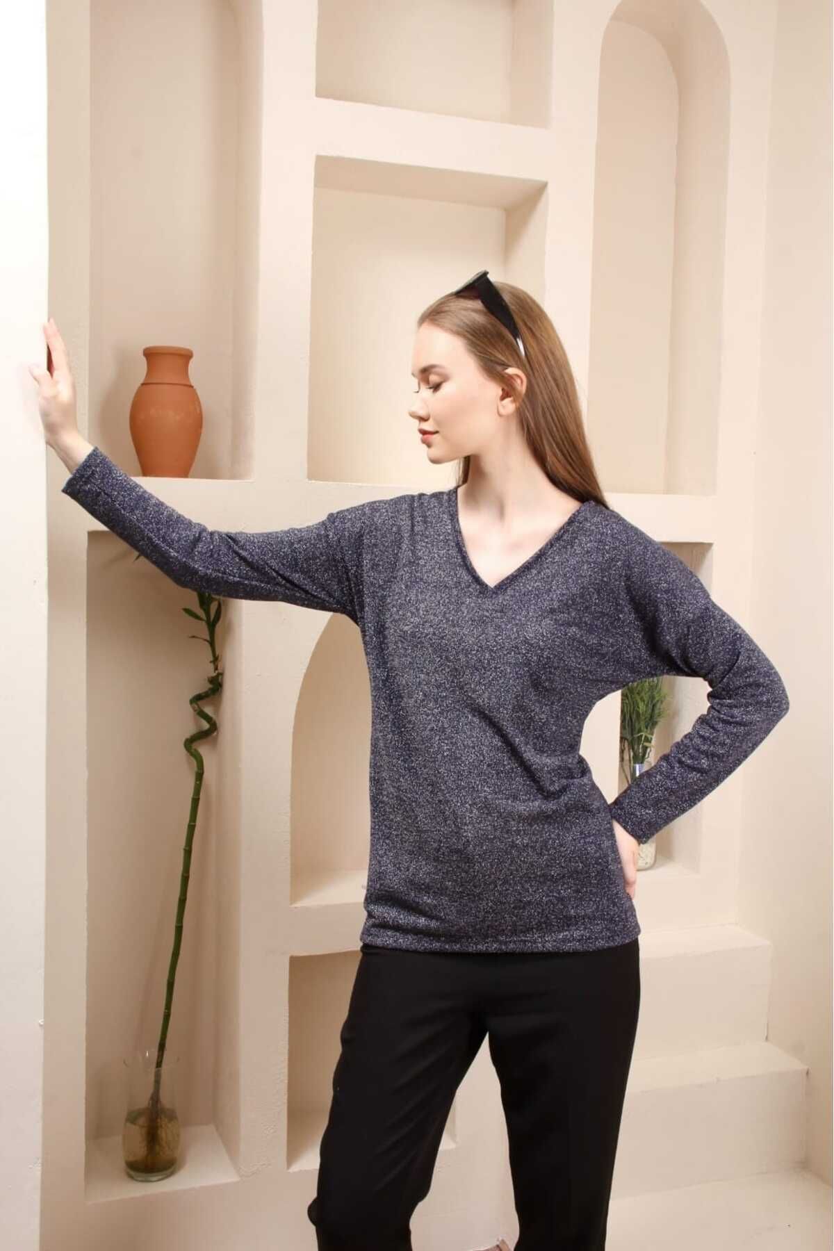 Simli v yaka pamuklu şık bulüz