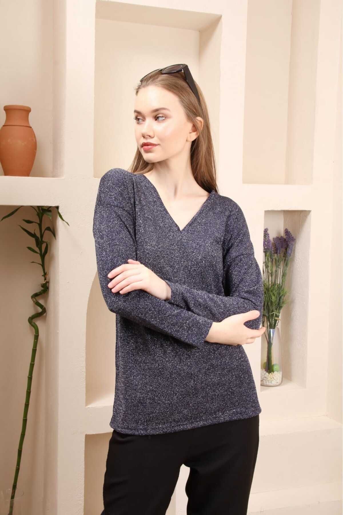 Simli v yaka pamuklu şık bulüz