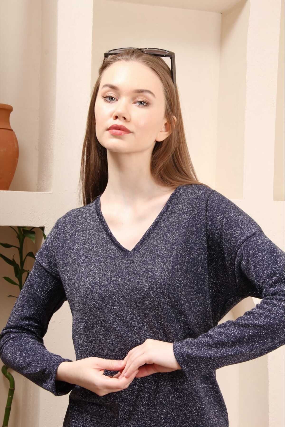 Simli v yaka pamuklu şık bulüz