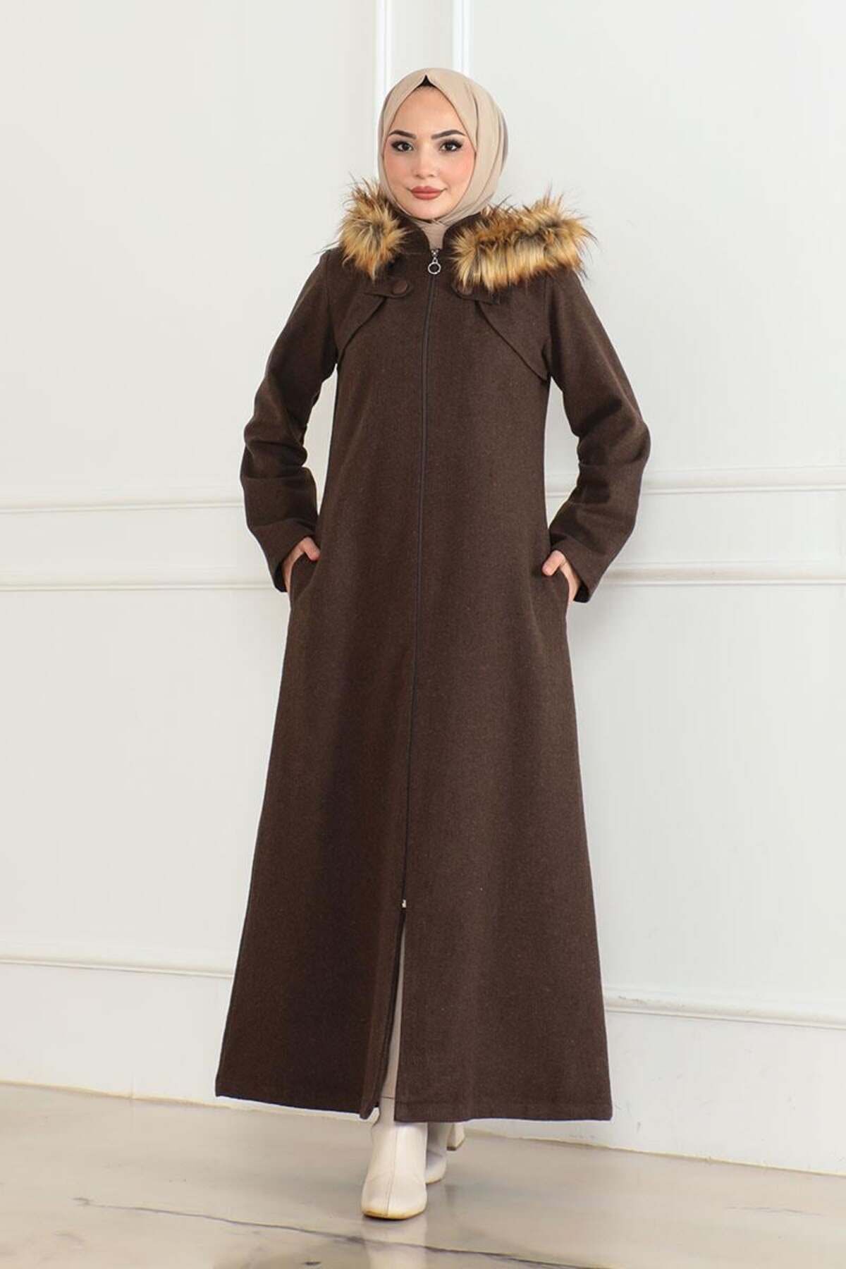 Kapüşonu Kürklü Kaşe Kaban KAHVERENGİ