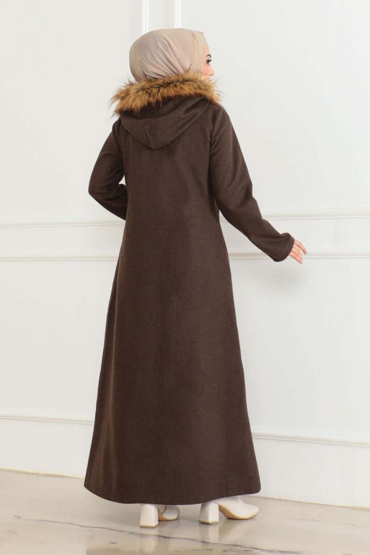 Kapüşonu Kürklü Kaşe Kaban KAHVERENGİ