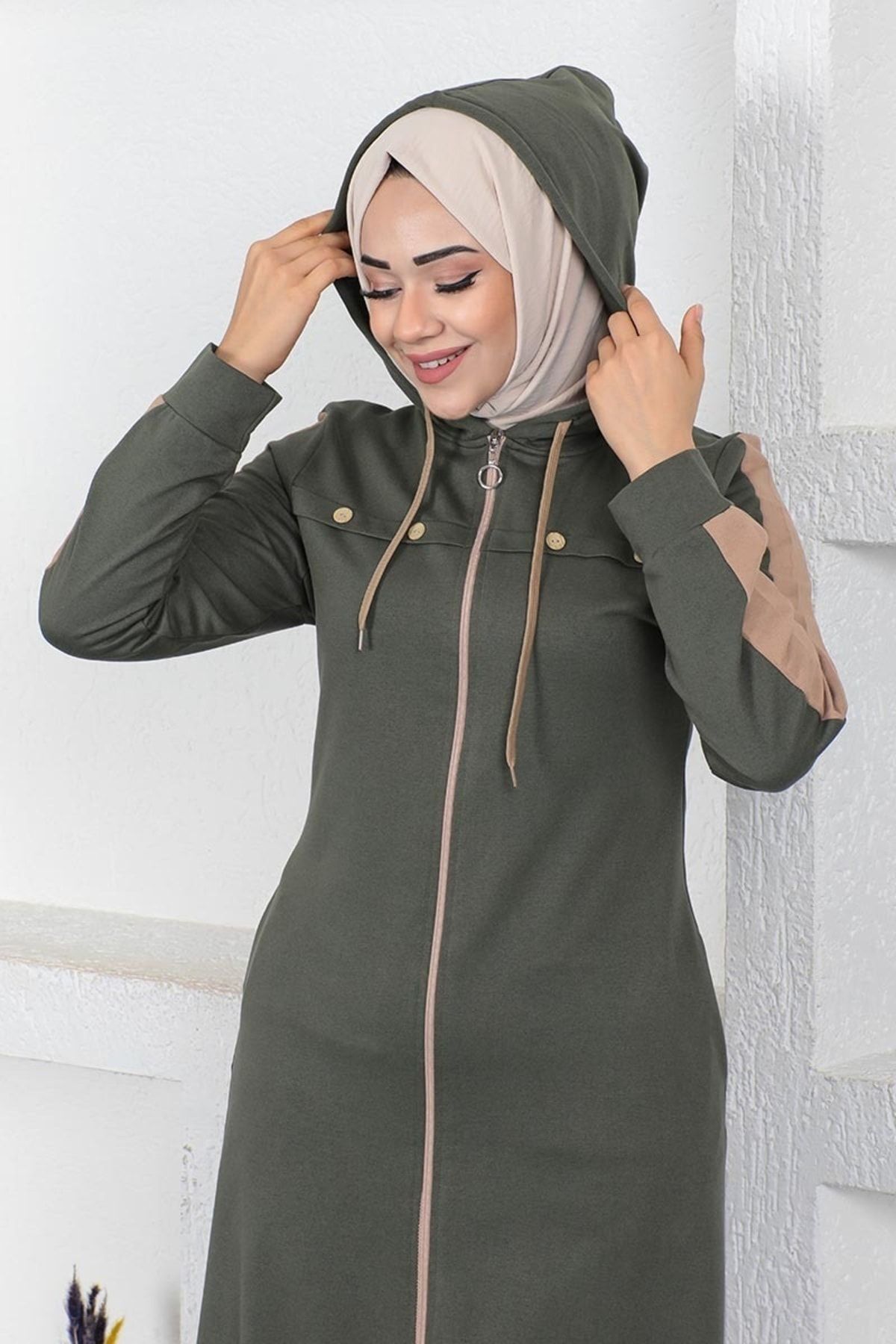 Kuş Gözü Şerit Detay Spor Ferace Haki