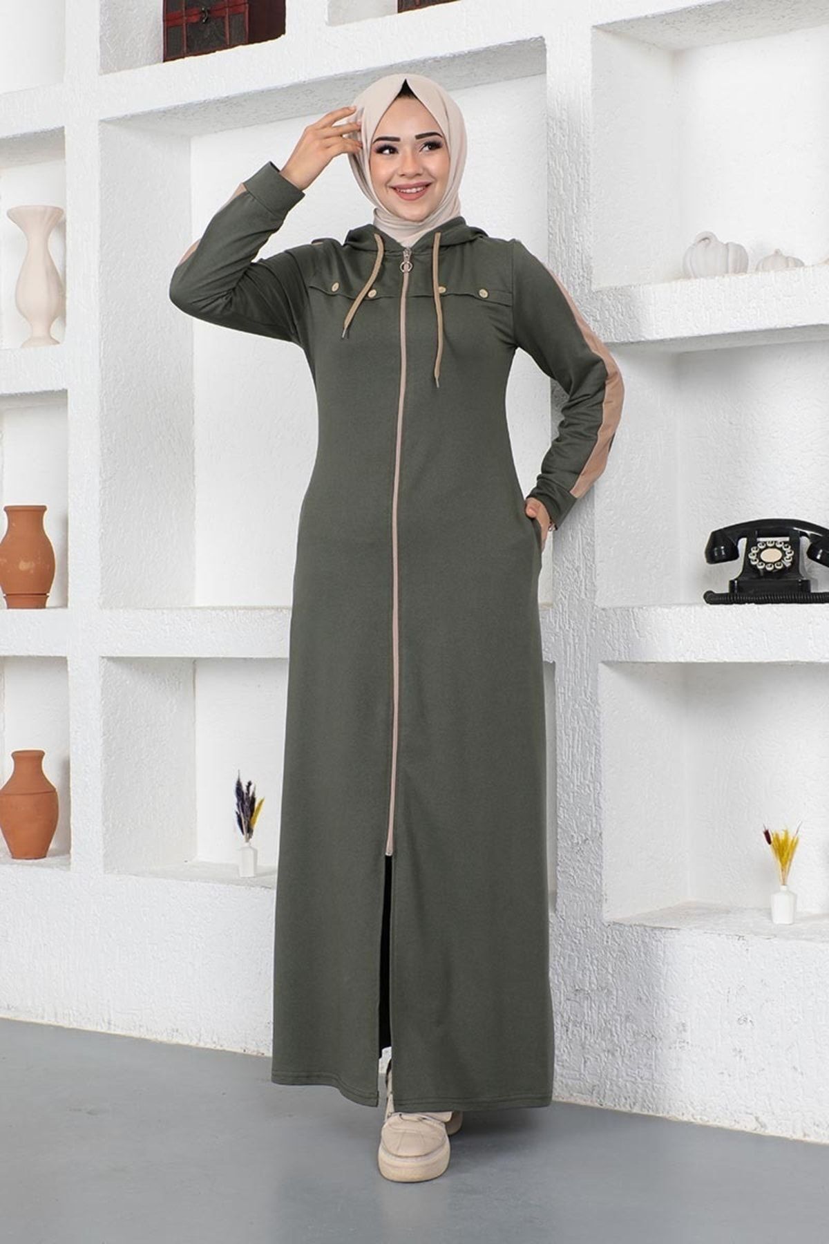 Kuş Gözü Şerit Detay Spor Ferace Haki