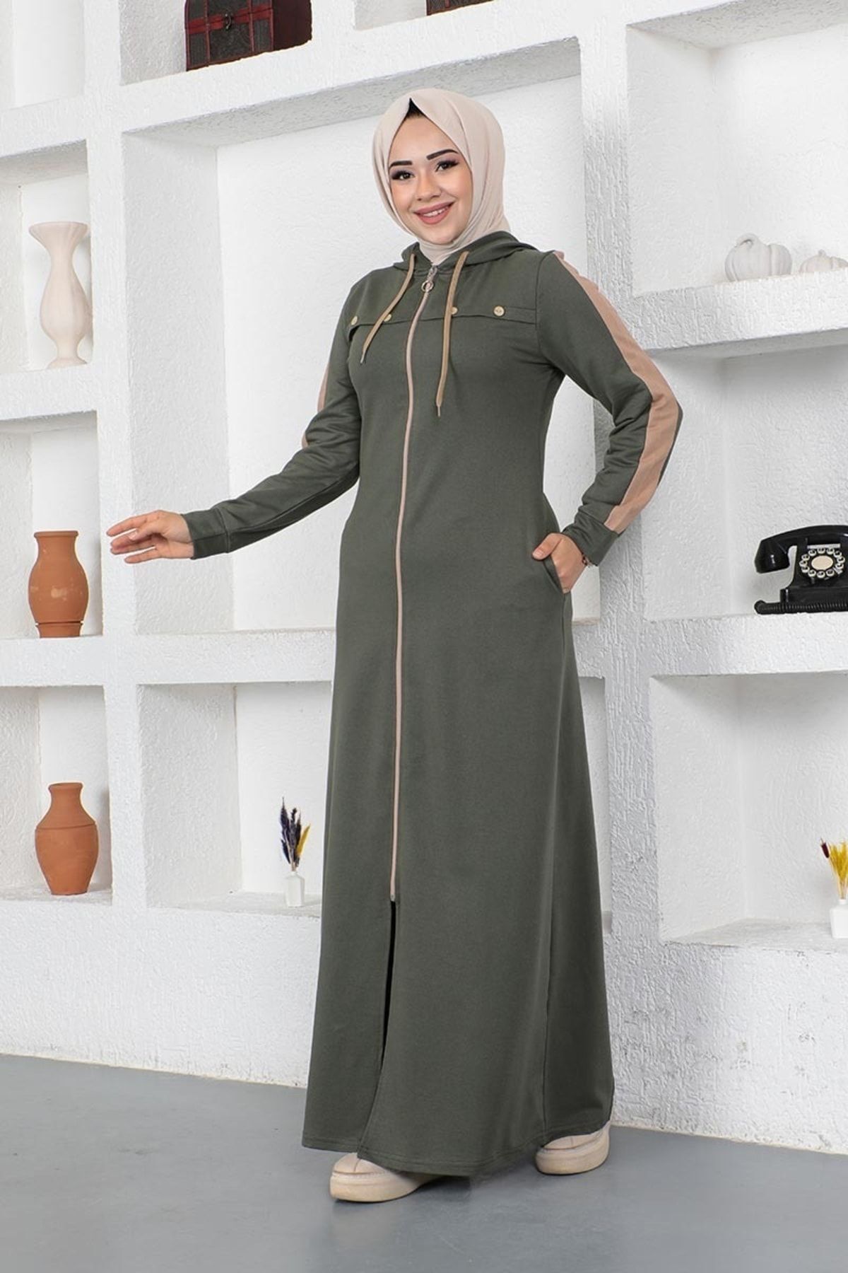 Kuş Gözü Şerit Detay Spor Ferace Haki