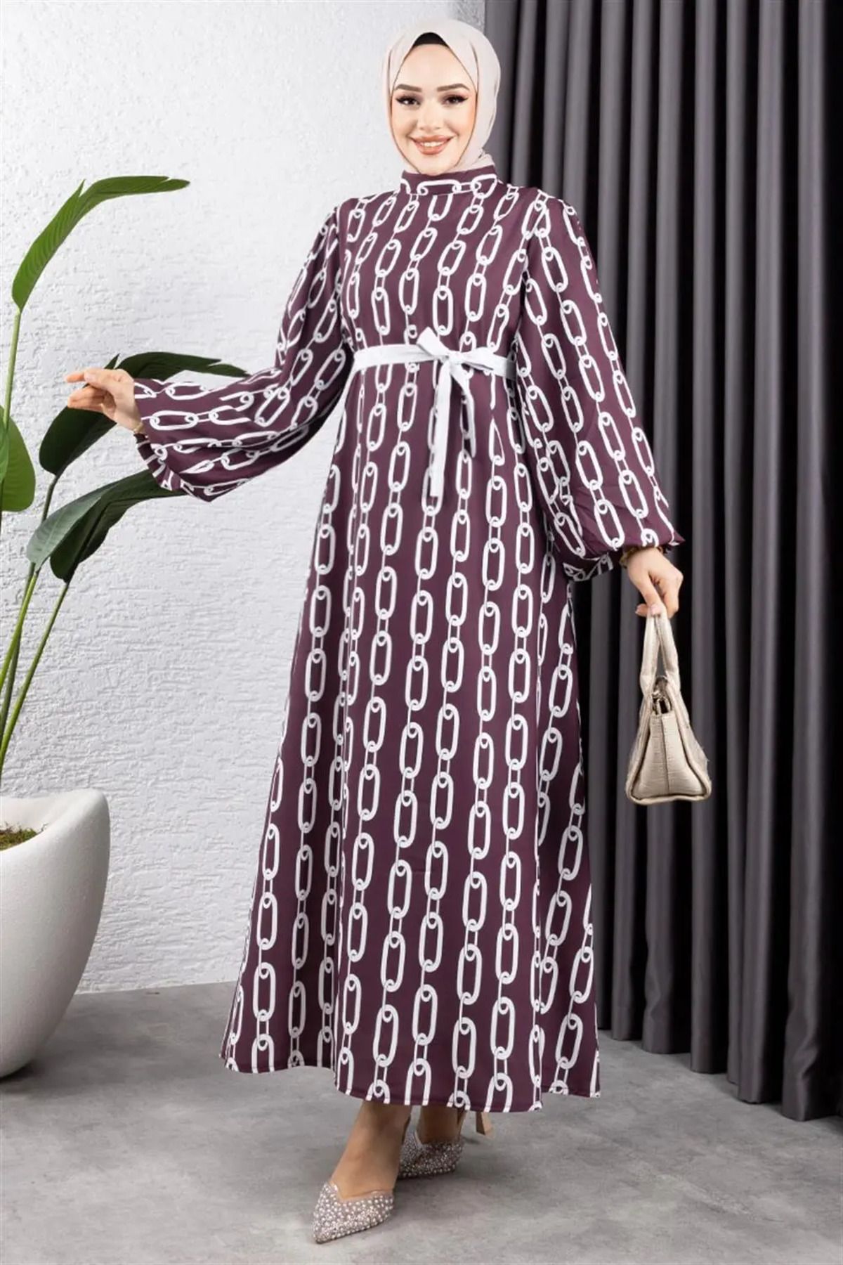 Zincir Desenli Tesettür Elbise BORDO