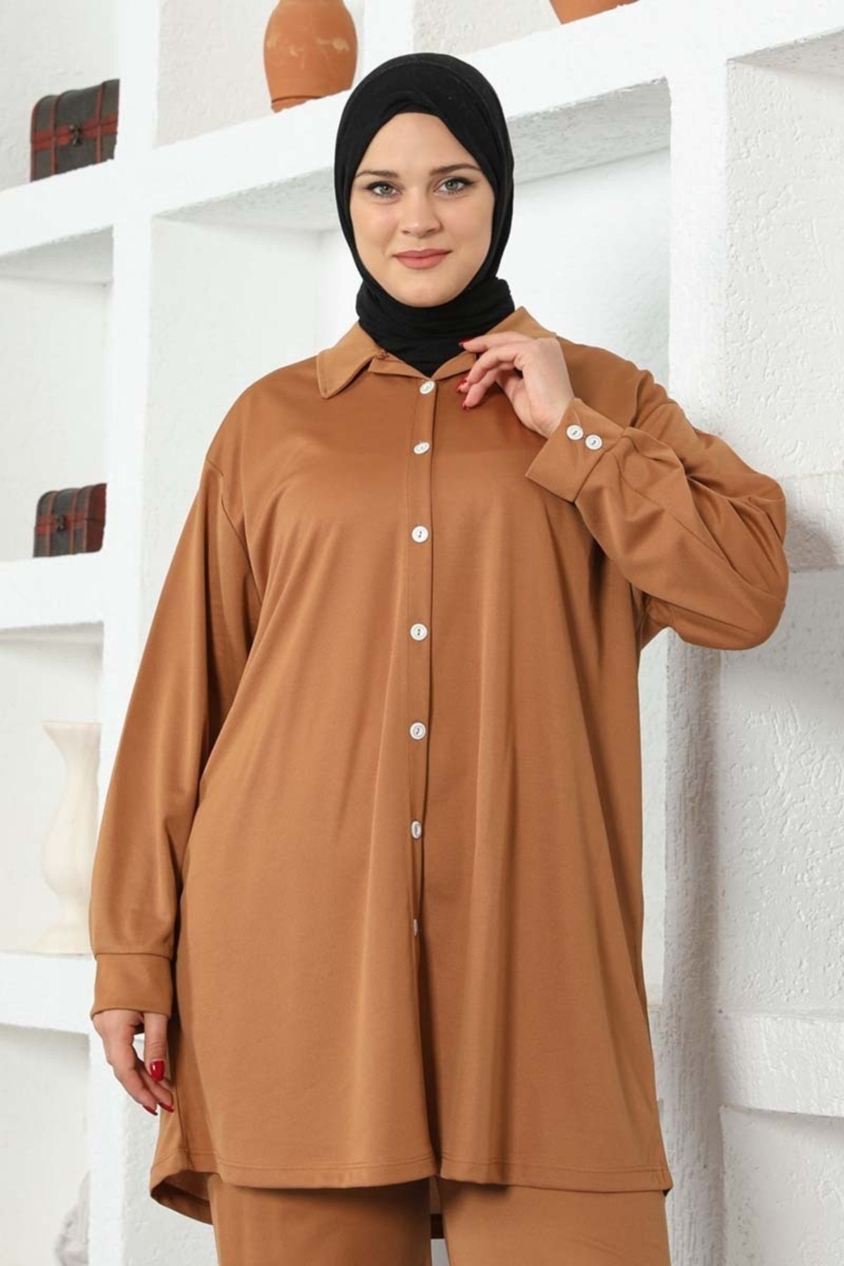 Kadın Büyük Beden Double Örme Gömlekli Takım Taba