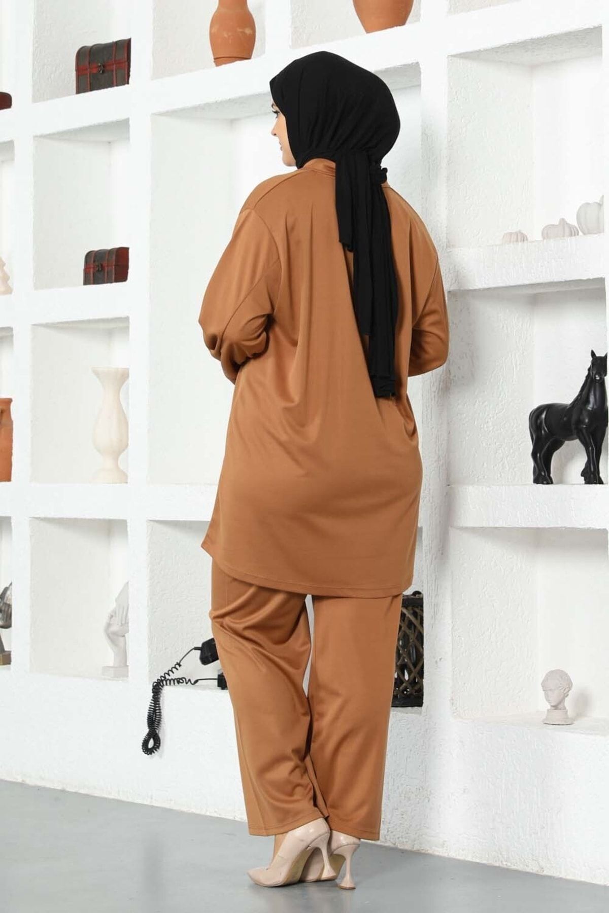 Kadın Büyük Beden Double Örme Gömlekli Takım Taba