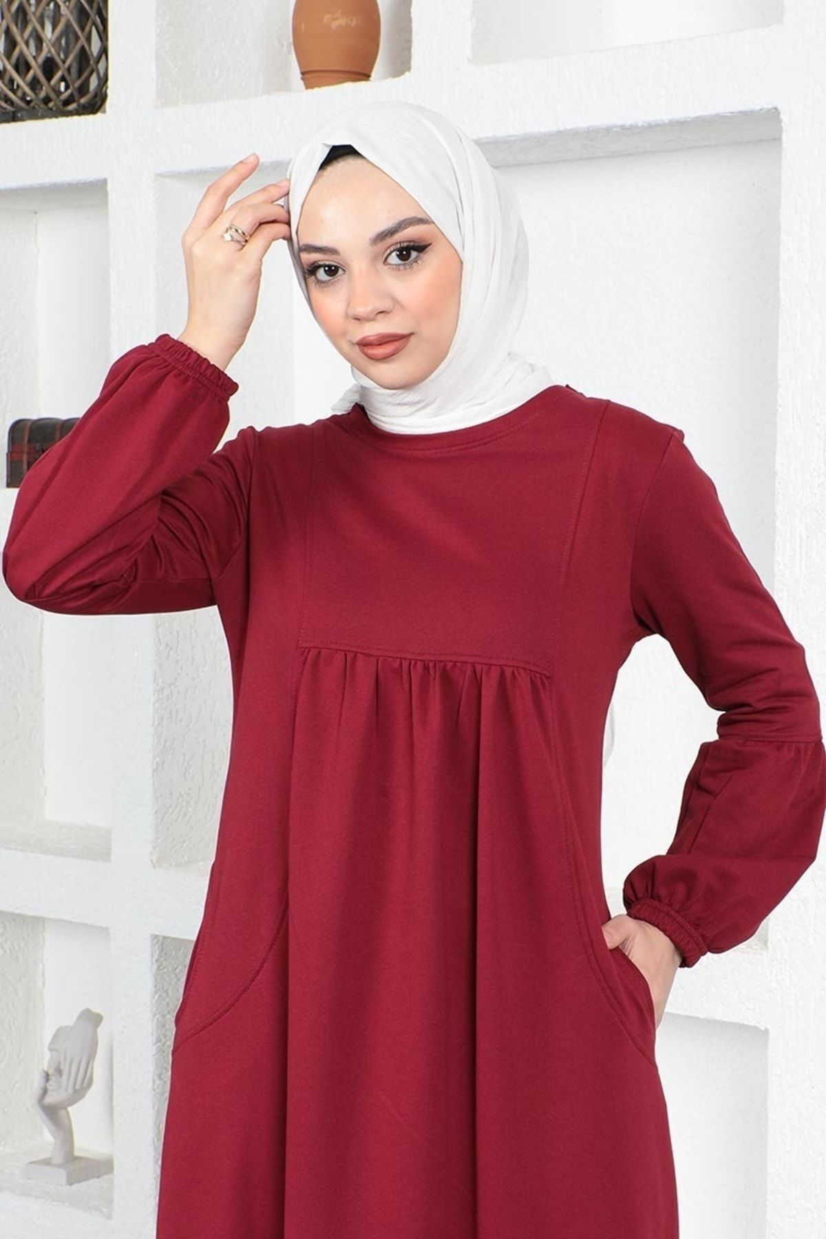 Balon Kol Spor Elbise Bordo