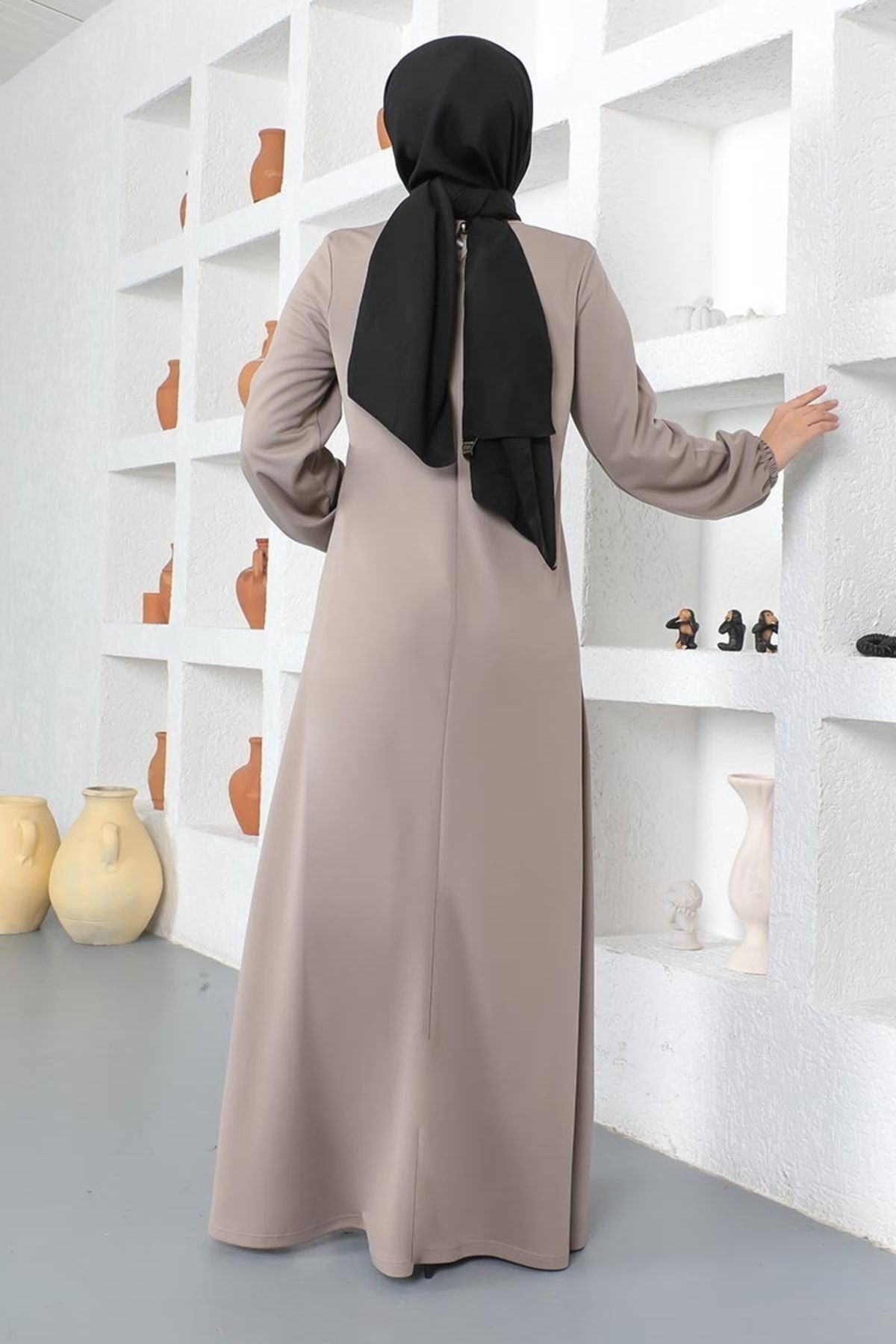 Kolyeli Bisiklet Yaka Tesettür Elbise Vizon