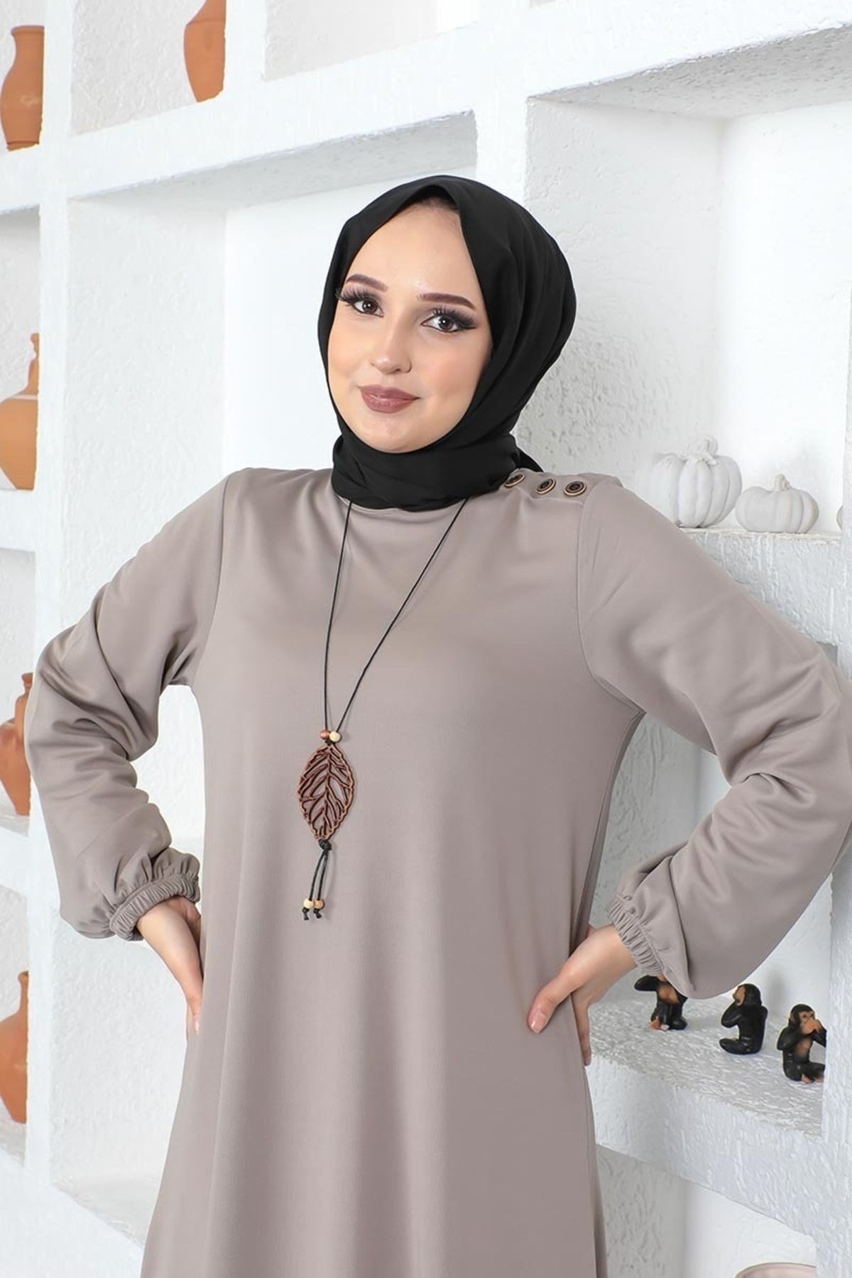 Kolyeli Bisiklet Yaka Tesettür Elbise Vizon