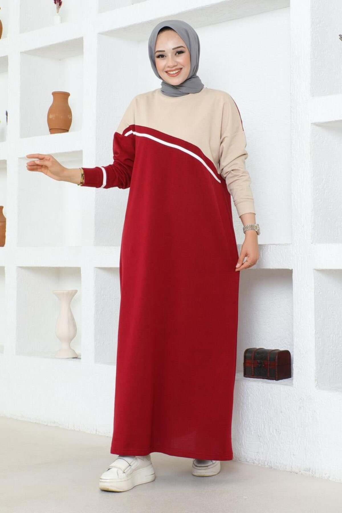 Şerit Detaylı Spor Elbise  BORDO