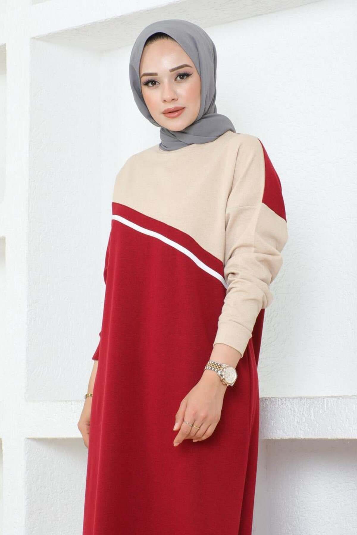 Şerit Detaylı Spor Elbise  BORDO