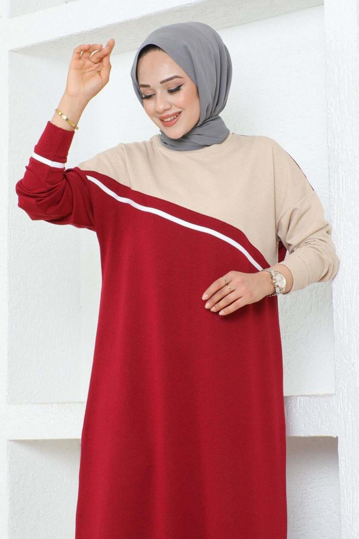 Şerit Detaylı Spor Elbise  BORDO