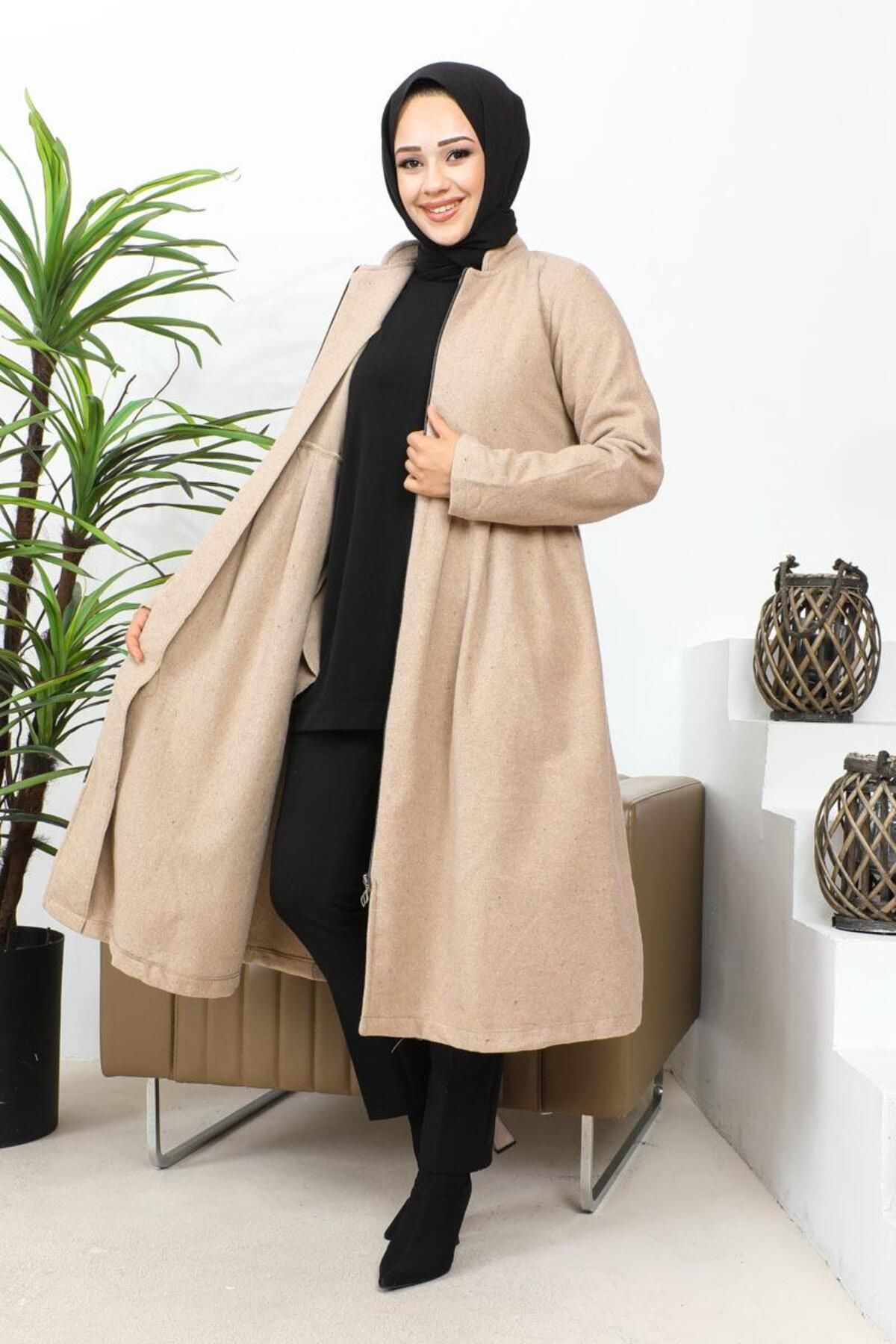 Pileli Fermuarlı Kaşe Kap VİZON