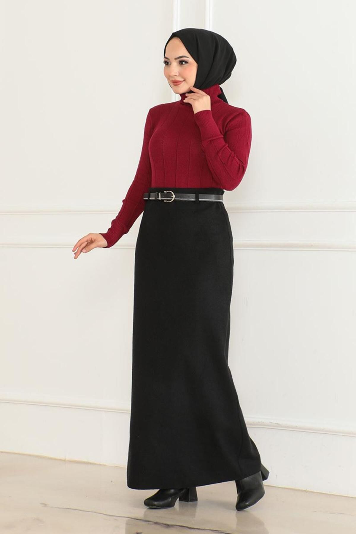 Kemerli Kaşe Kalem Etek SİYAH