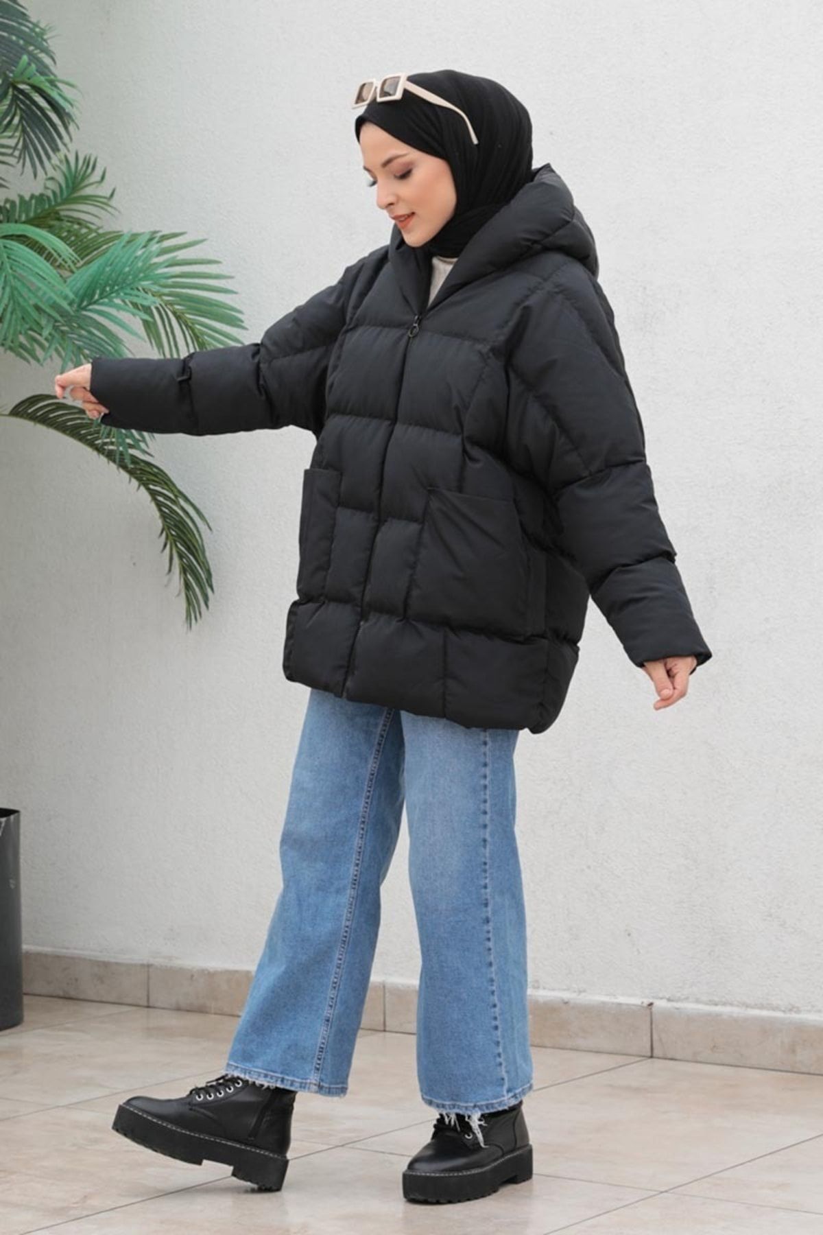 Oversize Şişme Mont Siyah