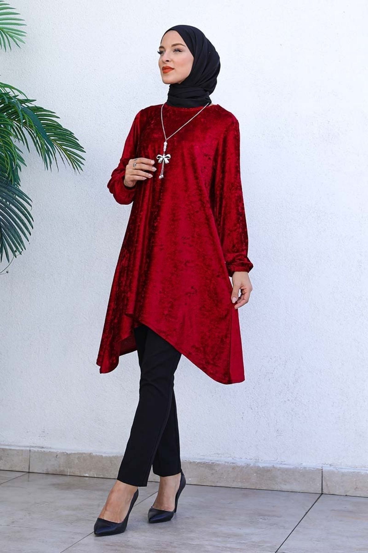 Asimetrik Model Kadife Tunik Bordo