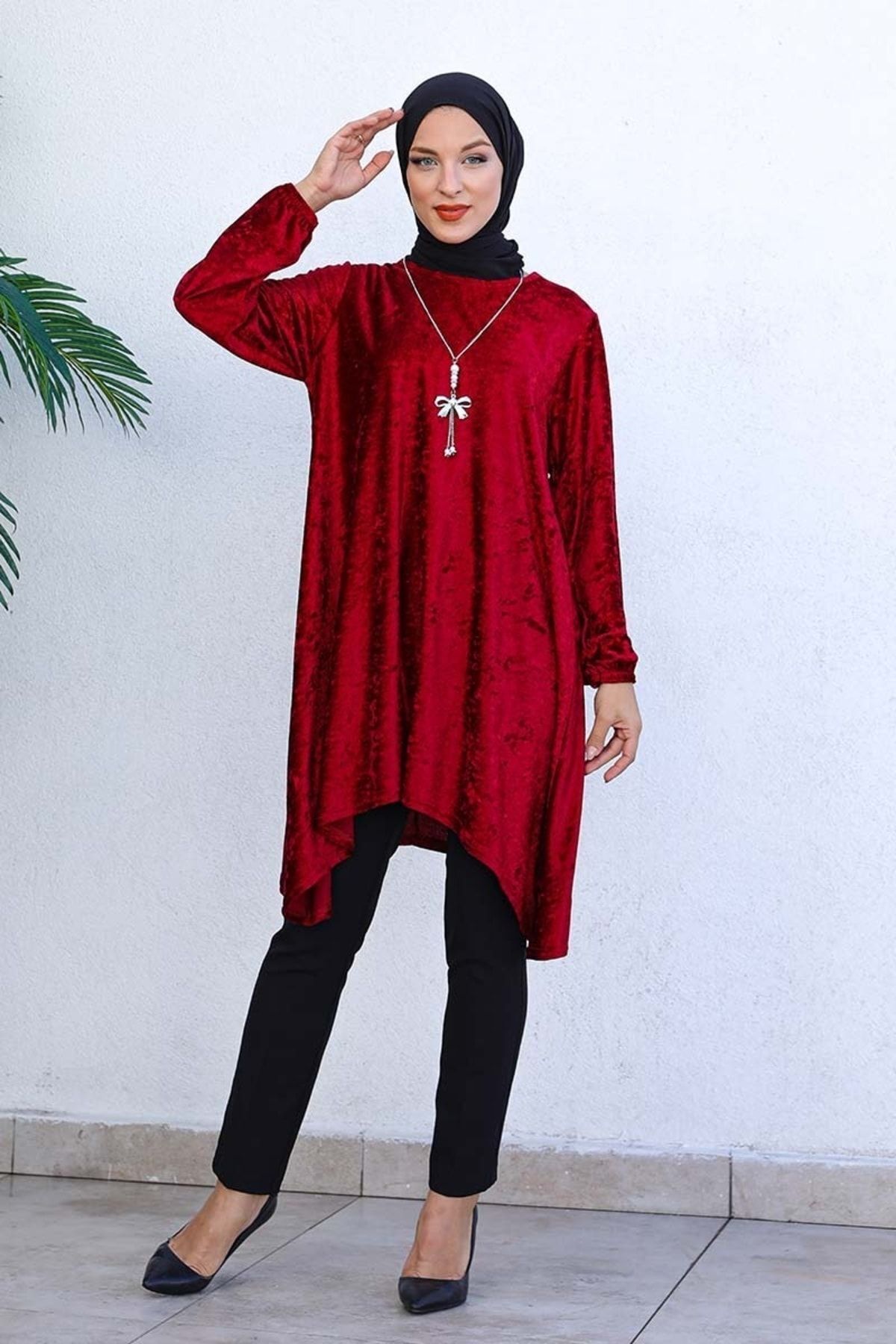 Asimetrik Model Kadife Tunik Bordo