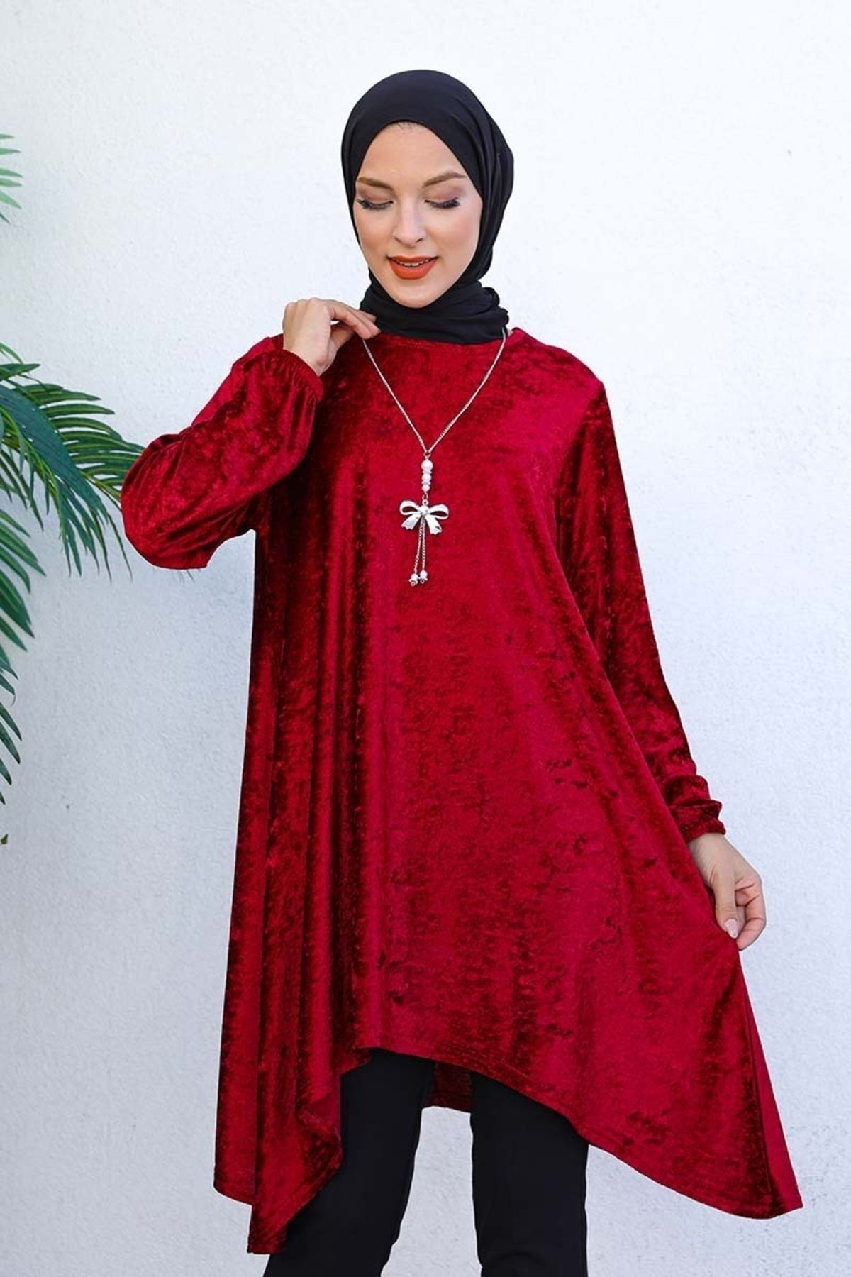 Asimetrik Model Kadife Tunik Bordo
