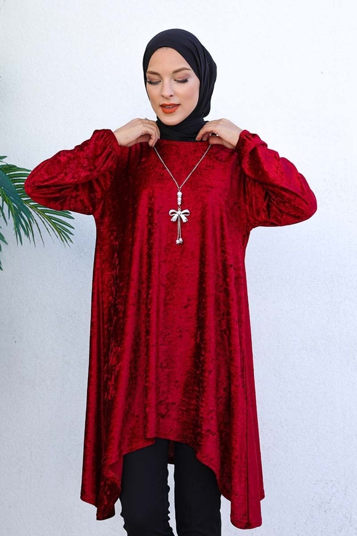 Asimetrik Model Kadife Tunik Bordo