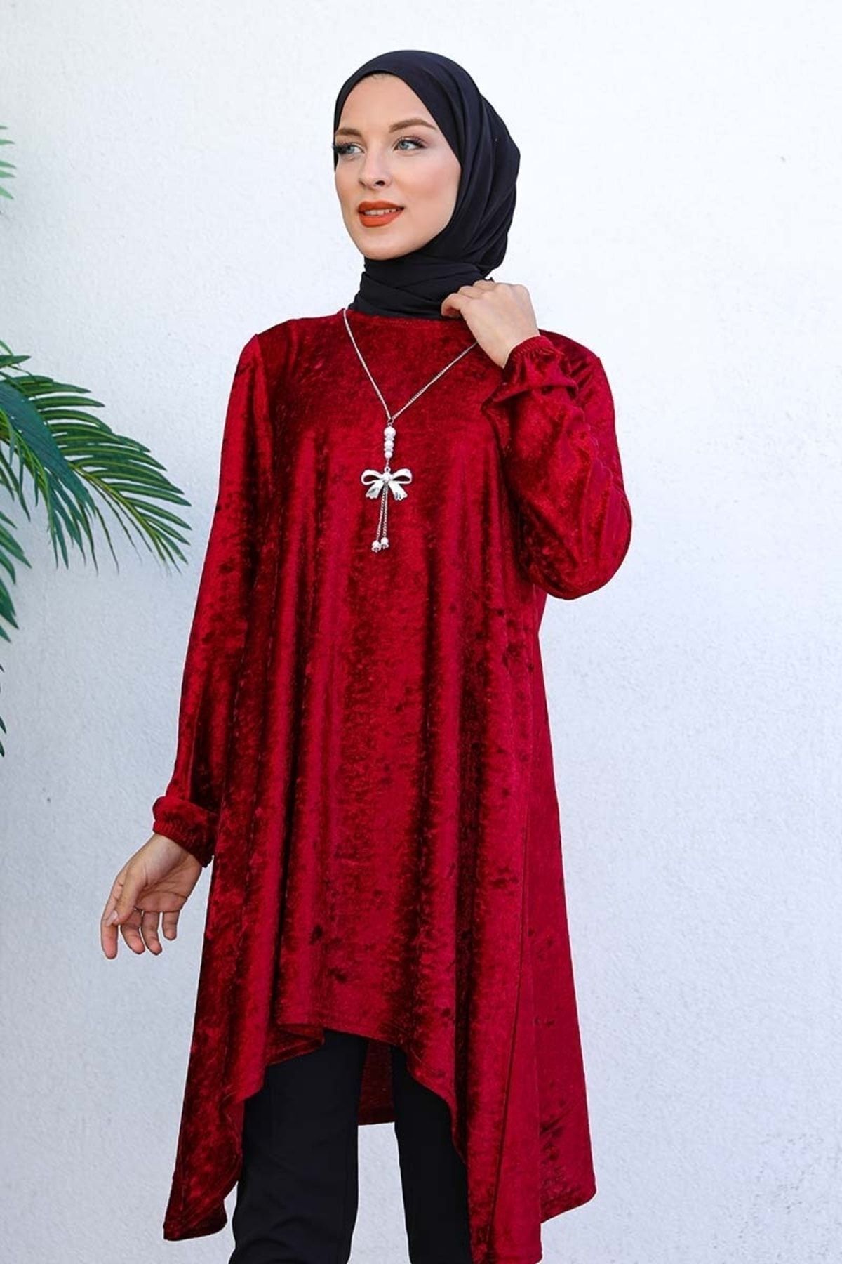 Asimetrik Model Kadife Tunik Bordo