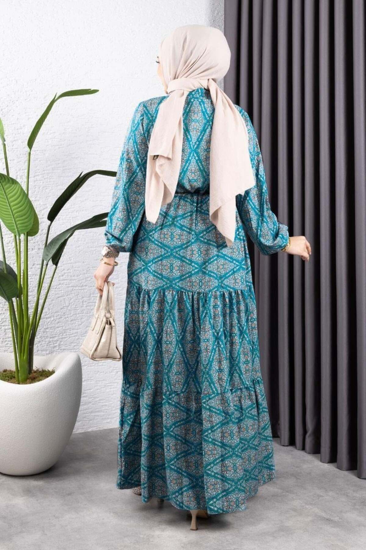 Bağcıklı Desenli Viskon Elbise