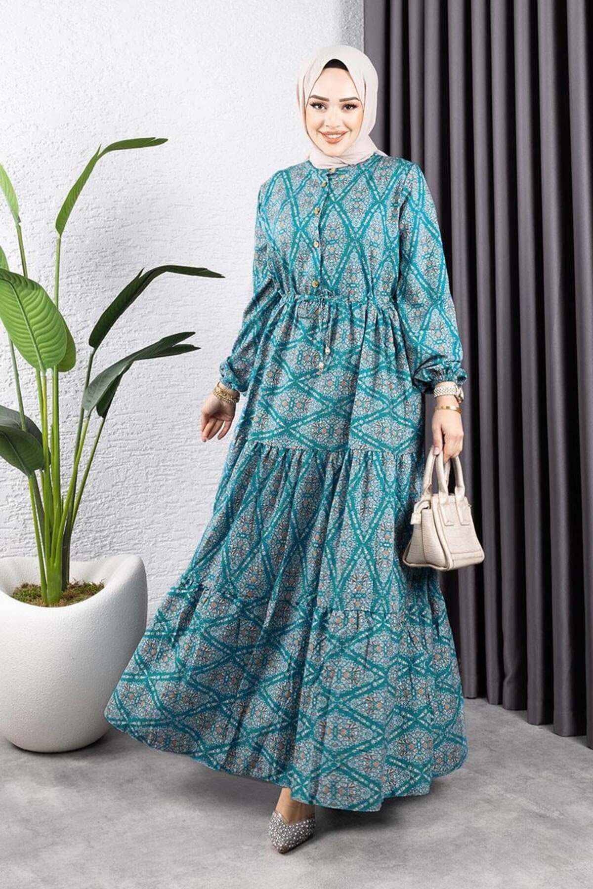 Bağcıklı Desenli Viskon Elbise