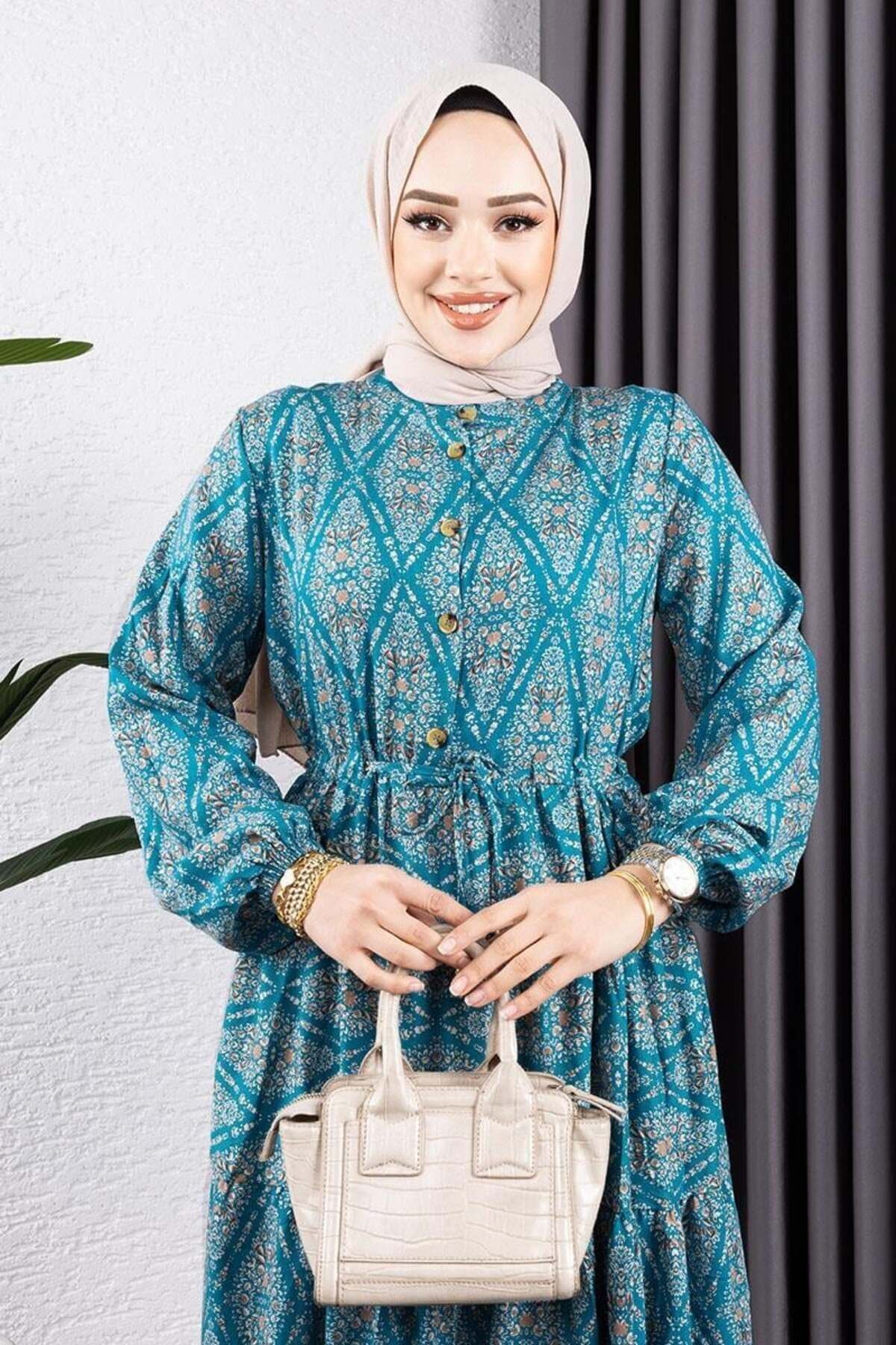 Bağcıklı Desenli Viskon Elbise