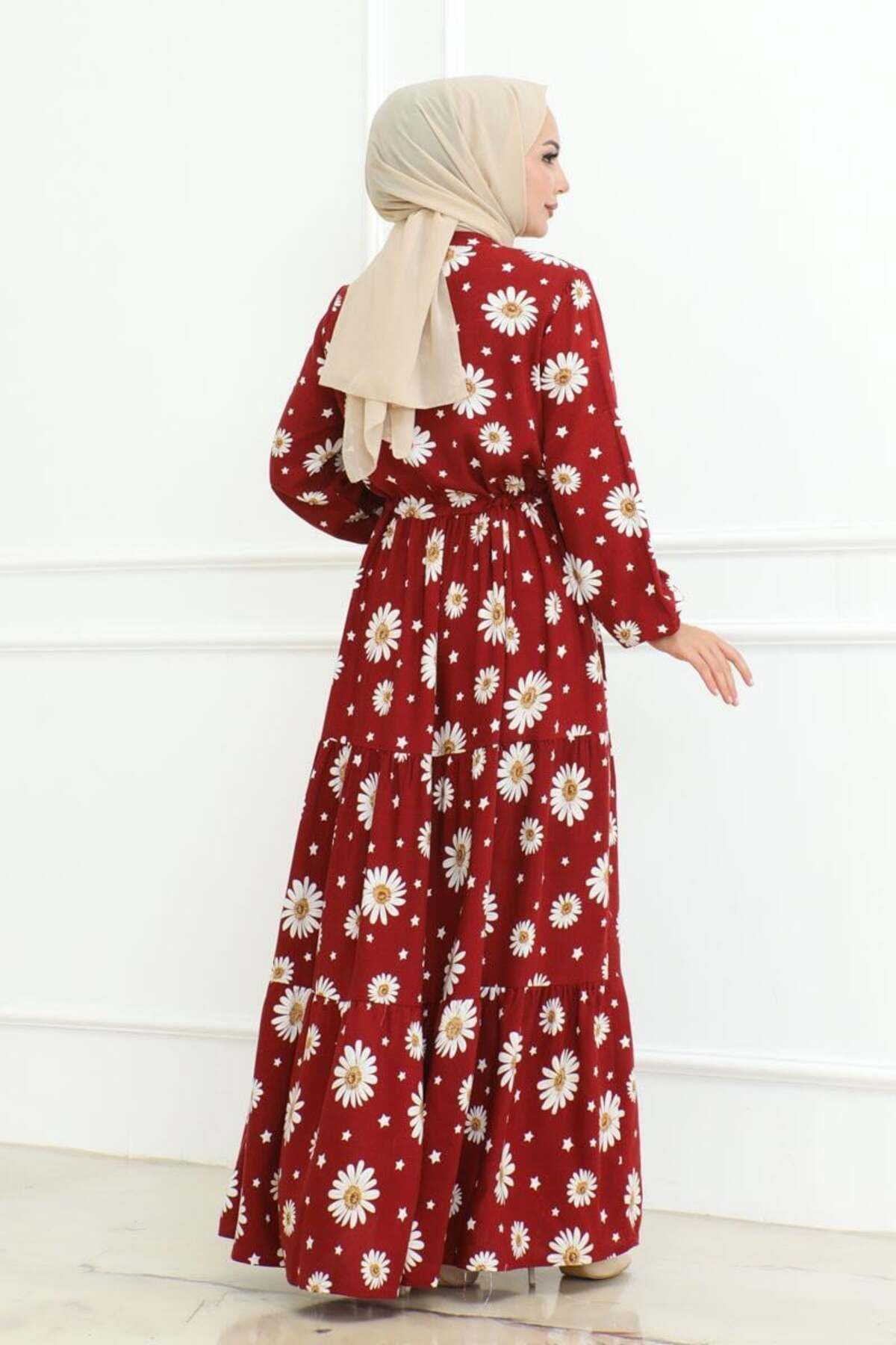 Papatya Desenli Tesettür Elbise KIRMIZI