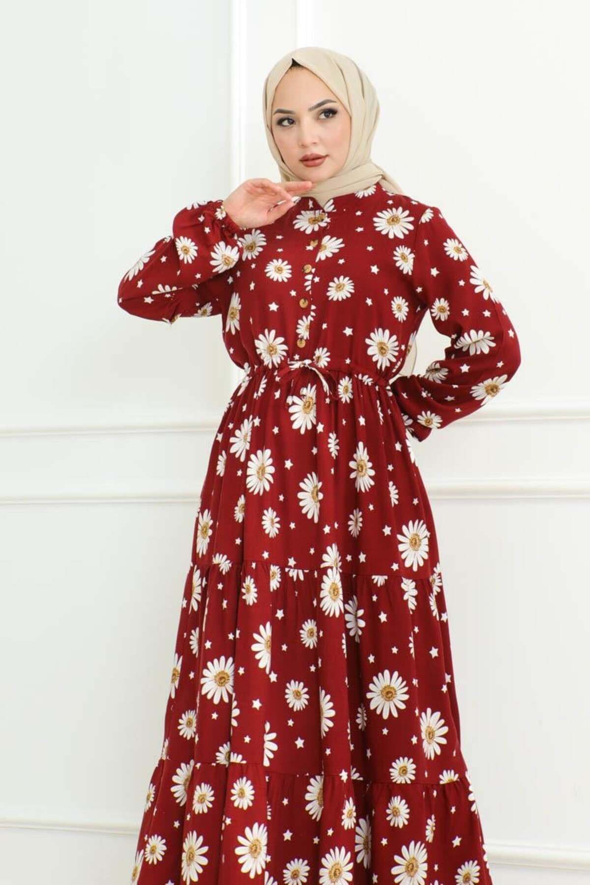 Papatya Desenli Tesettür Elbise KIRMIZI