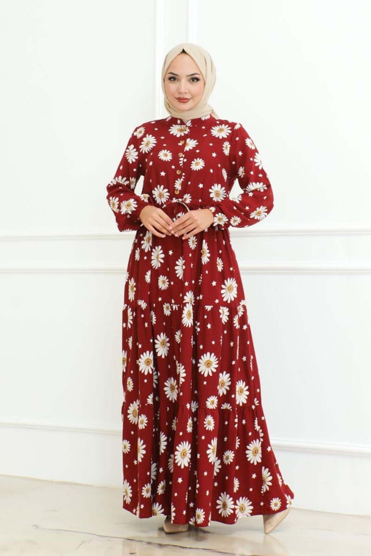Papatya Desenli Tesettür Elbise KIRMIZI